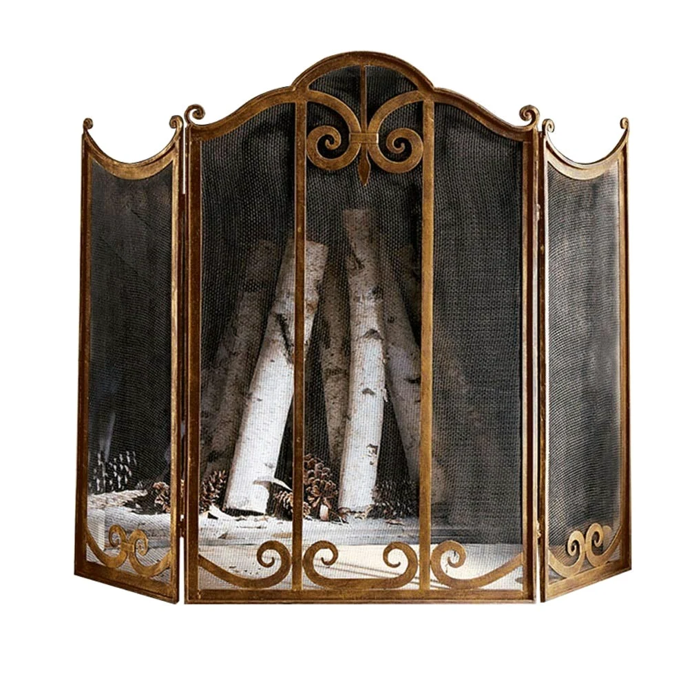 Schermi per Caminetti di Guardia Grande oro Camino schermo 3 Pannello Ornato Ferro battuto metallo Fire Place piedi del cancello maglia decorativa Solid Steel Spark protezione della copertura attrezzi