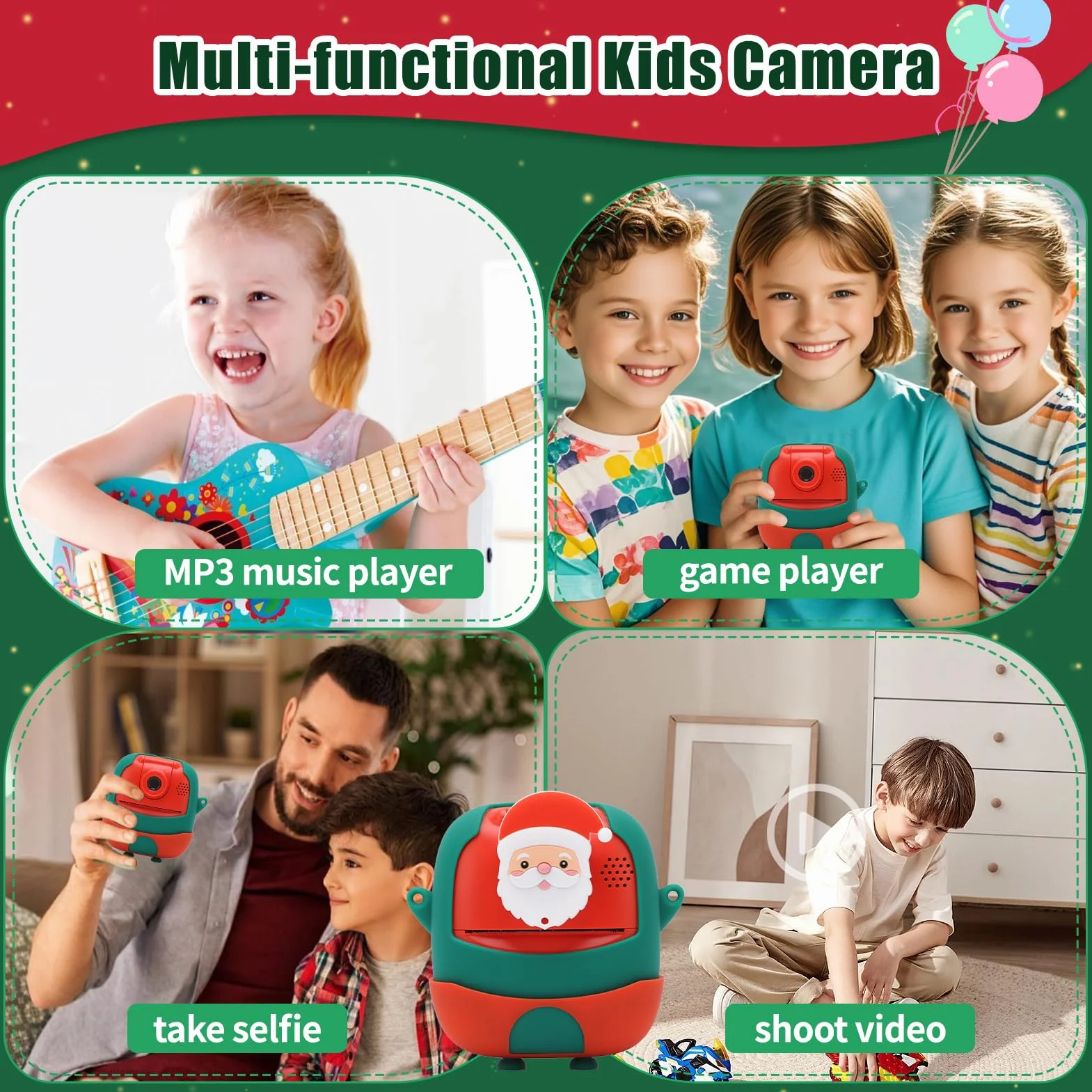 Macchina fotografica di stampa istantanea per i bambini, 24MP & 1080P bambini fotocamera digitale, Natale regalo di compleanno per la ragazza ragazzo età 3-12, stampa foto in bianco e nero (Natale)