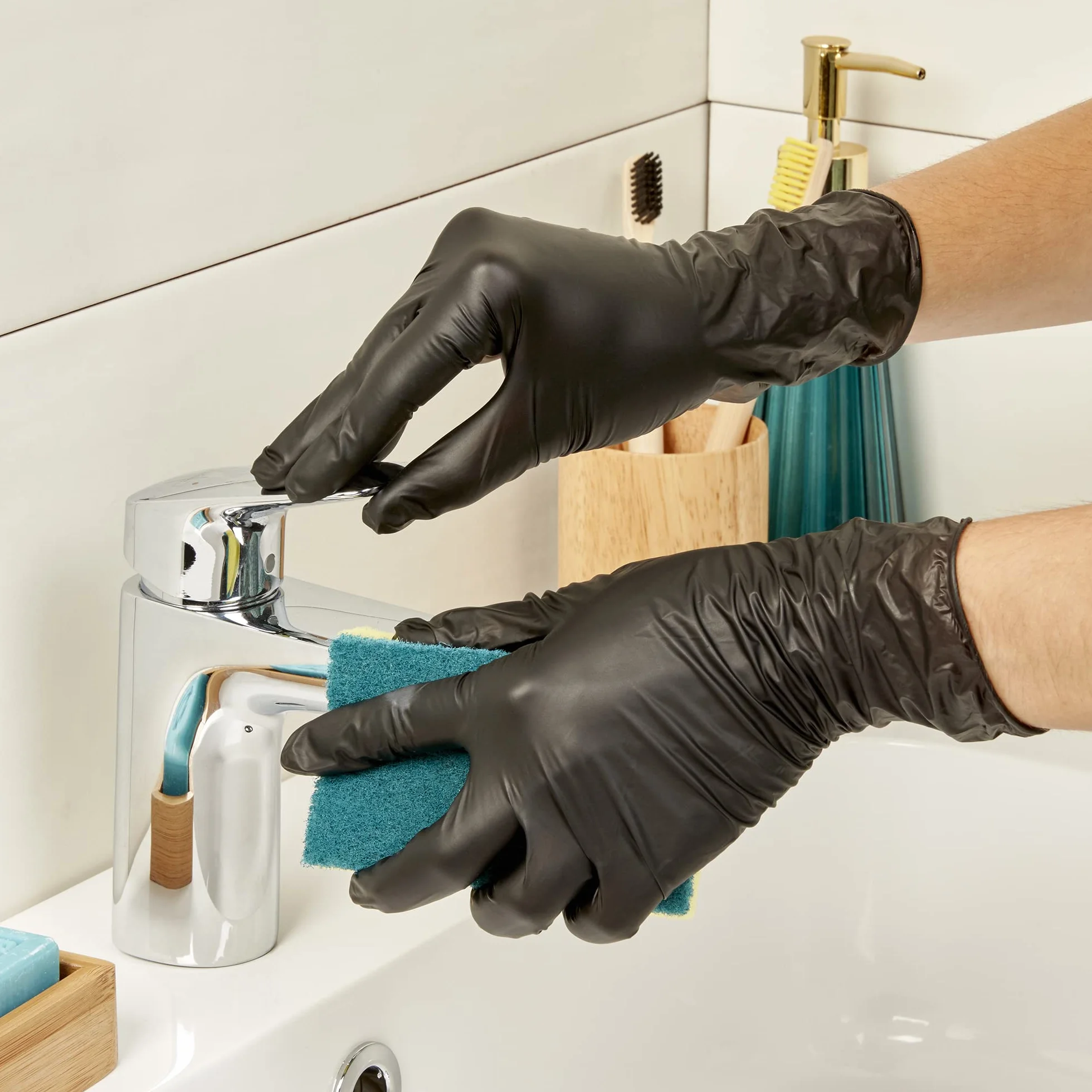 Spontex Guanti Monouso Nitrile Neri Resistente Black, 100 pezzi, Senza Lattice e Senza Polvere, taglia S/M