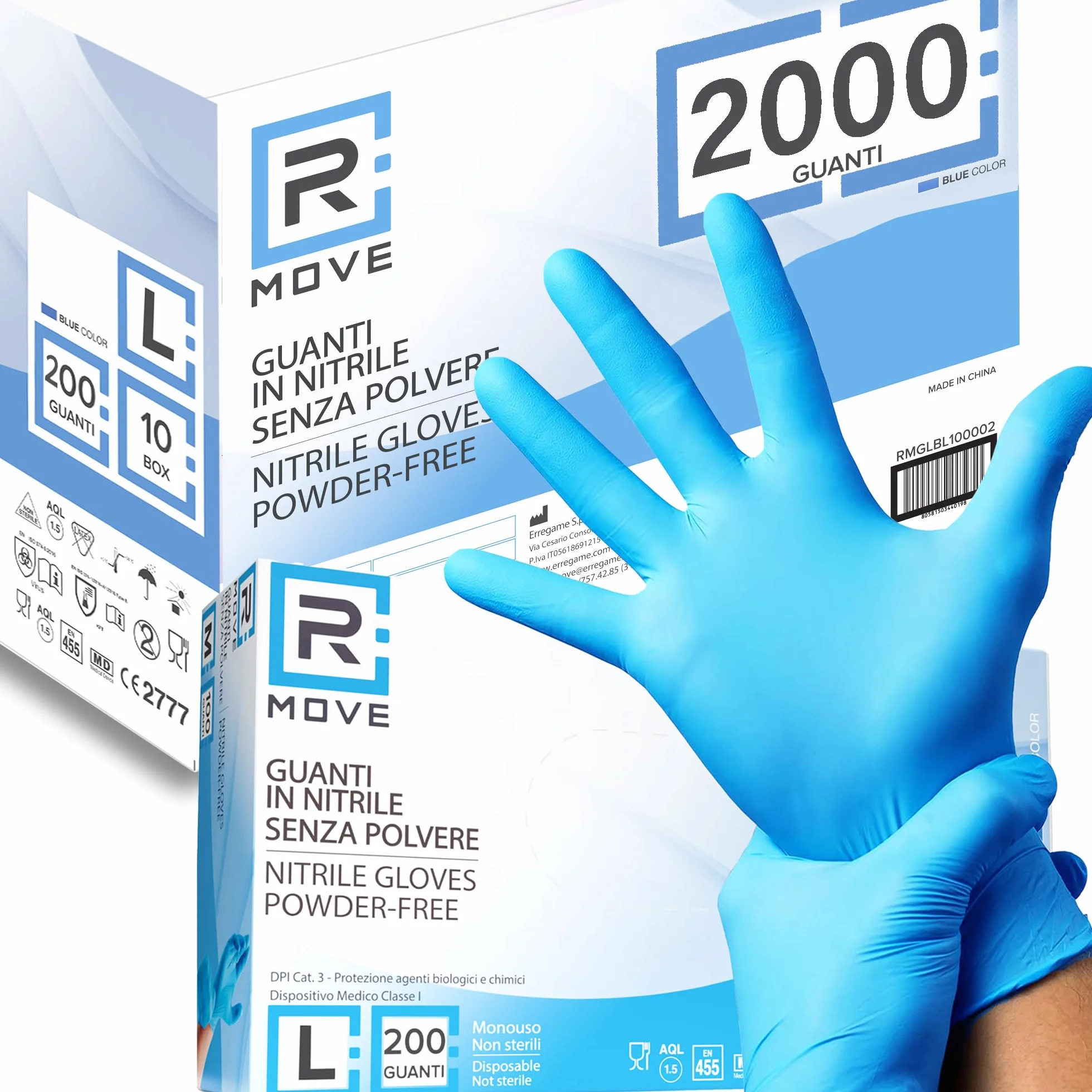 Guanti in Nitrile L Blu Senza Polvere Ipoallergenici Monouso 2000