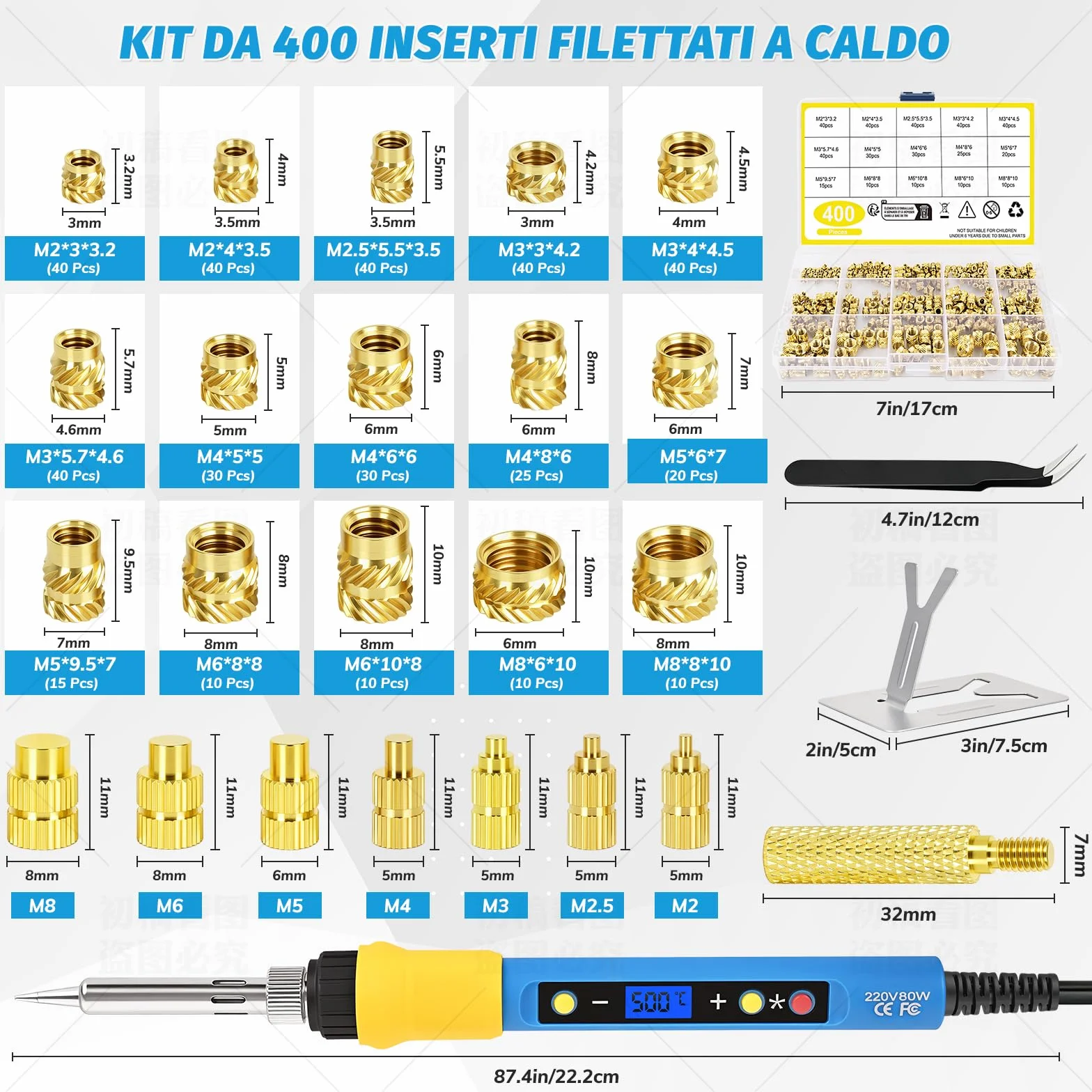 Inserti Filettati 400 pz con Saldatore 80W, Temperatura Regolabile 180–500°C, 7 Punte, M2/M2.5/M3/M4/M5/M6/M8 per Stampa 3D e Plastica