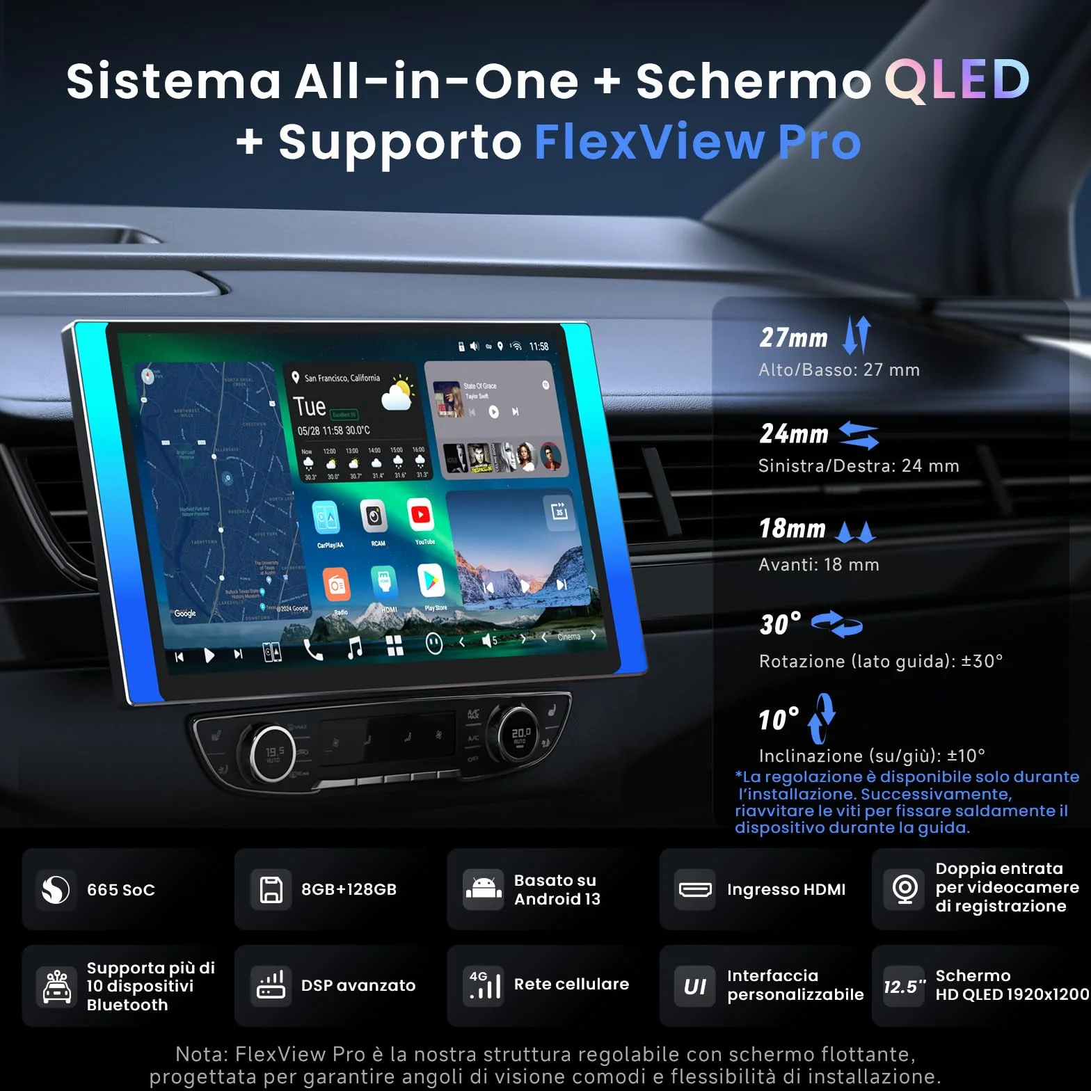 [12.5" QLED con LED laterali] ATOTOZONE X10 Autoradio Android, Display Flottante, Single/Double DIN, DVR Dual-Cam, AI Vision, LiveView da remoto, Audio 7.1.2, RCA 4V, HDMI IN, 8G+128G, 4G LTE