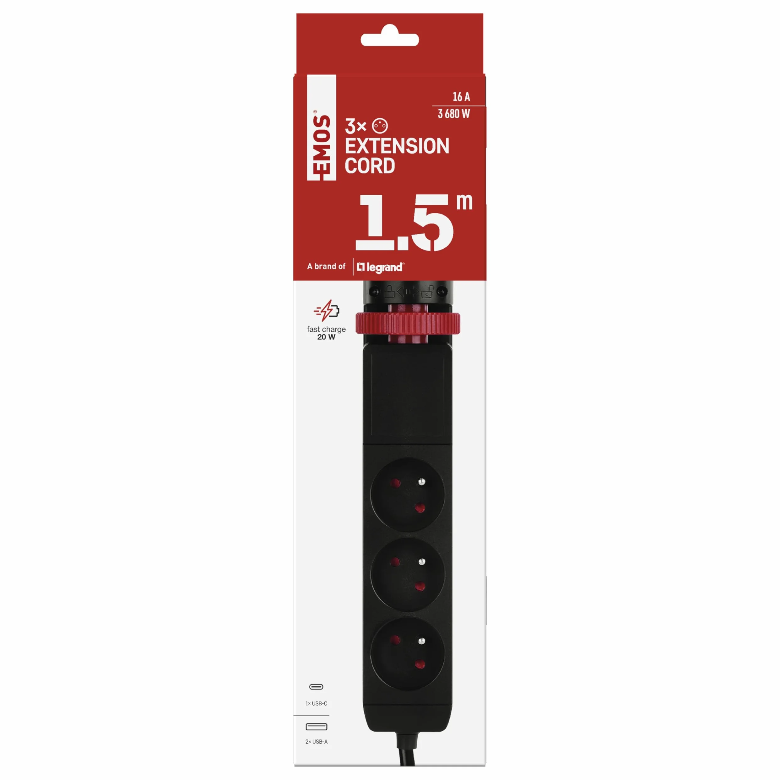 EMOS - Ciabatta elettrica verticale a 3 prese con USB, cavo da 1,5 m, standard francese