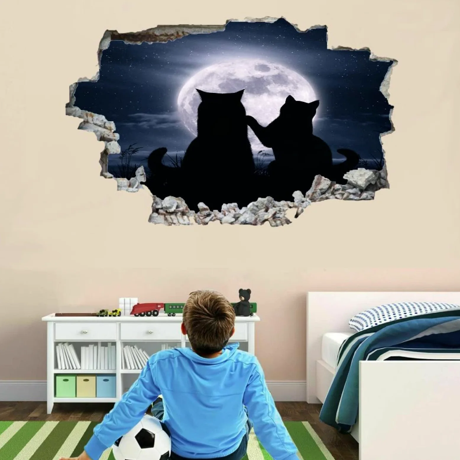 Gatto Adesivo Da Parete 3D Rimovibile Luna Decorazione Da Parete, Pavimento, Soffitto, Decalcomania Fracassata, Decorazione Artistica Sagoma Per Soggiorno, Murale 75x113cm