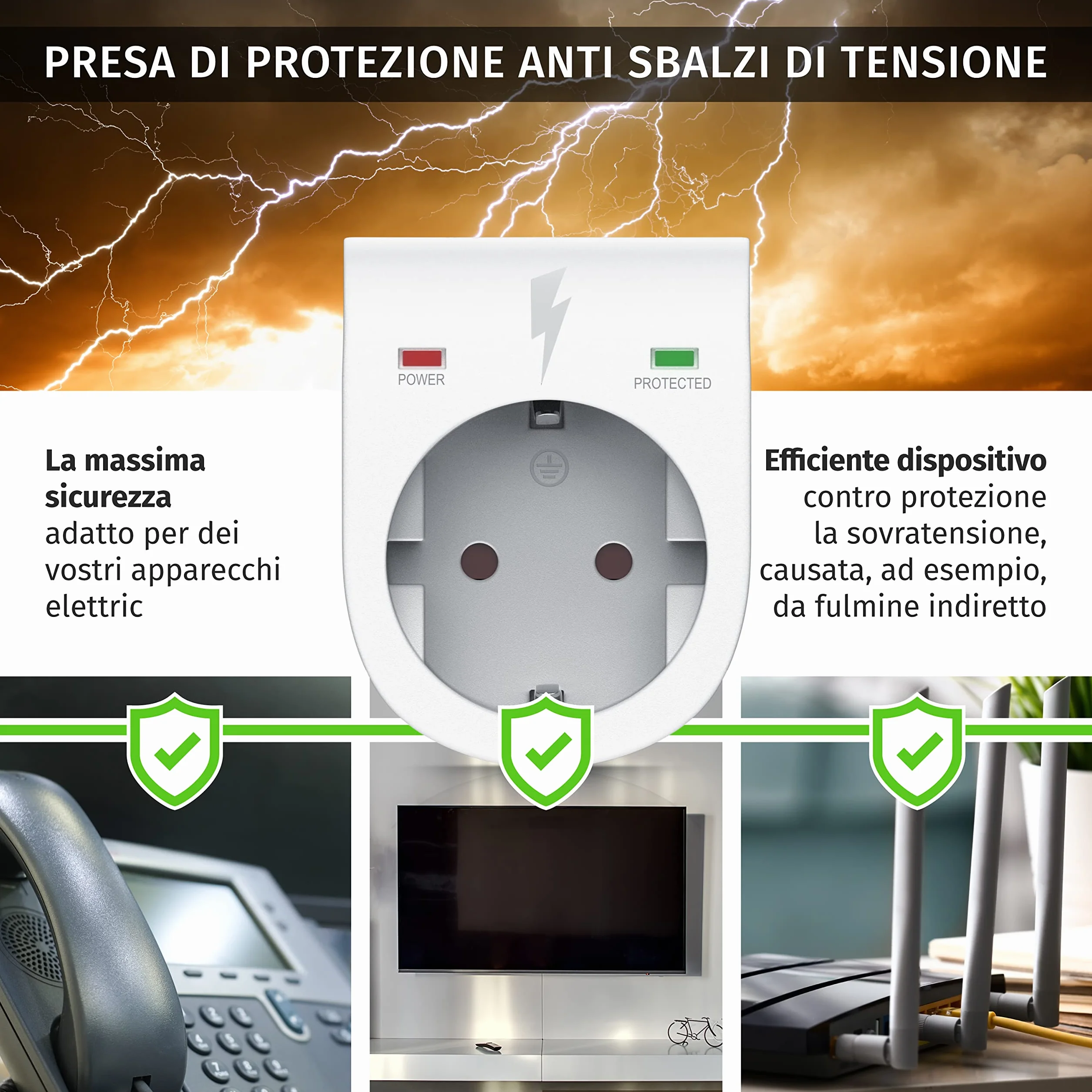 Arendo Presa di protezione anti sbalzi di tensione Antifulmine 3500 W IP 20 Bianco opaco