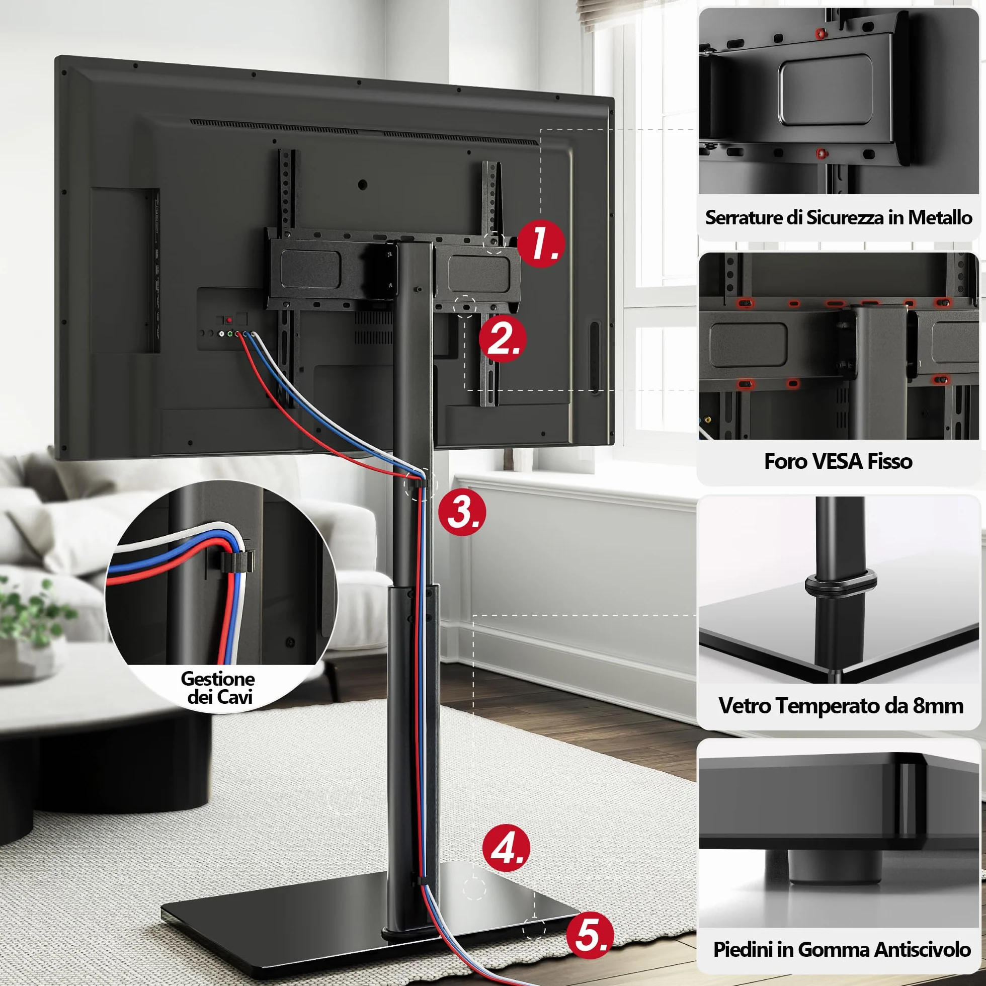 AOKCOS Supporto TV da Pavimento inclinabile per 32-55 65 70 Pollici, Girevole & Altezza Regolazione Mobile Porta TV da Terra, Max VESA 400x400mm 40kg
