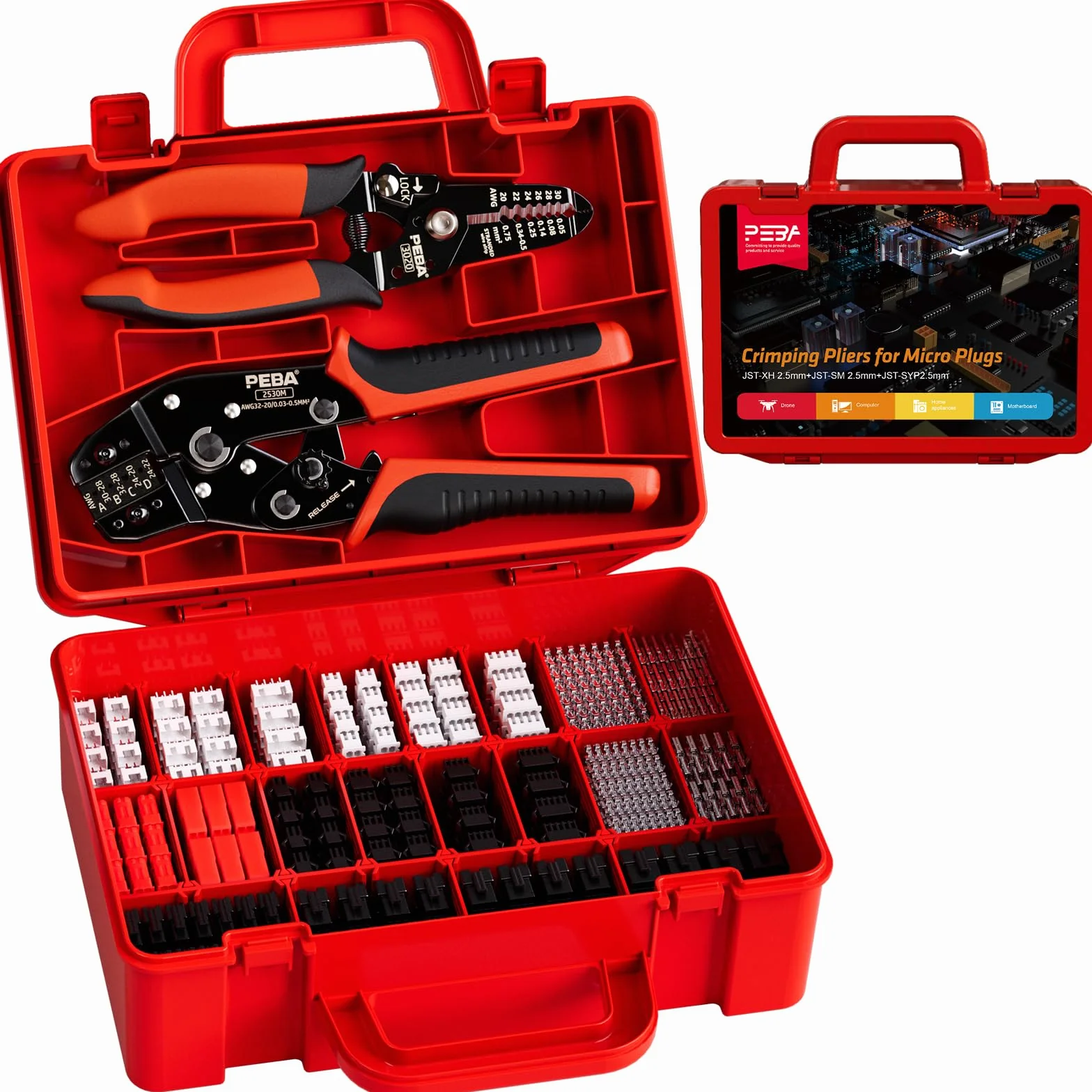 PEBA Set di Pinze Crimpatrici JST, con pinze a crimpatura, 20 stili connettore JST-XH, JST-SM e SYP, Pinza Spellacavi, Pinze Crimpatrici 0,03-0,5mm² per JST(XH/SM/PH/SYP), VH3.96 mm, 2.54mm, Molex