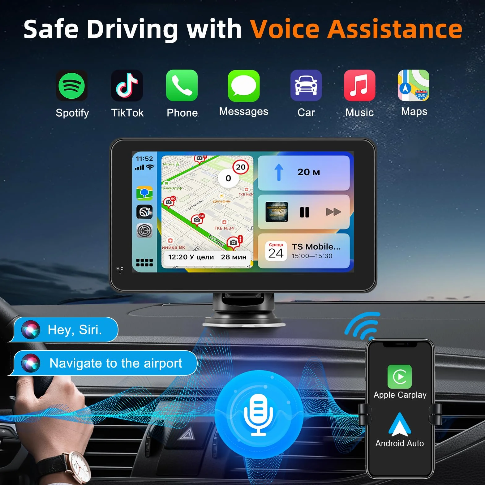 Schermo Per Auto Portatile con Carplay Wireless Andriod Auto,Display da 7 Pollici HD Touchscreen,Autoradio with Mirror Link, Bluetooth, Voice Control, Navigazione GPS,FM Trasmettitore, AUX, Airplay