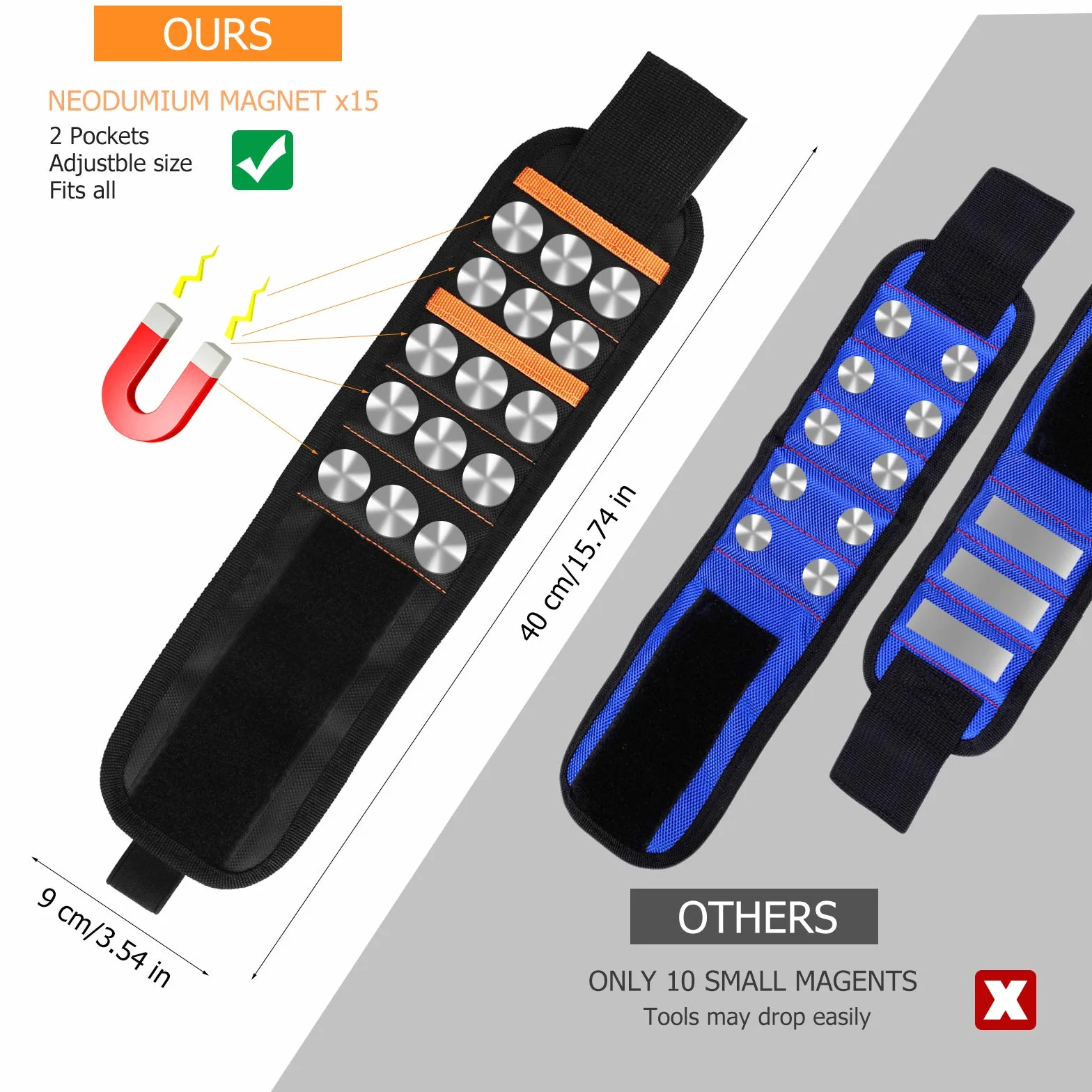 Bracciale Magnetico Uomo con 15 Magneti Super Forti per Fissaggio Viti Chiodi Attrezzi