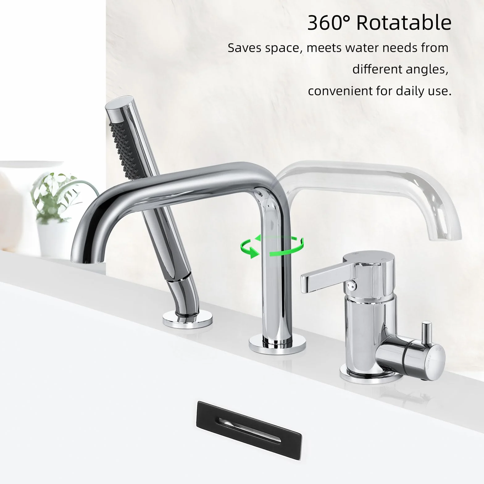 Rubinetto per Vasca 3 Fori, Rubinetto per Bordo Vasca con Girevole a 360°, Miscelatore per Vasca da Bagno con Doccetta, Cromo, 11Y1OK