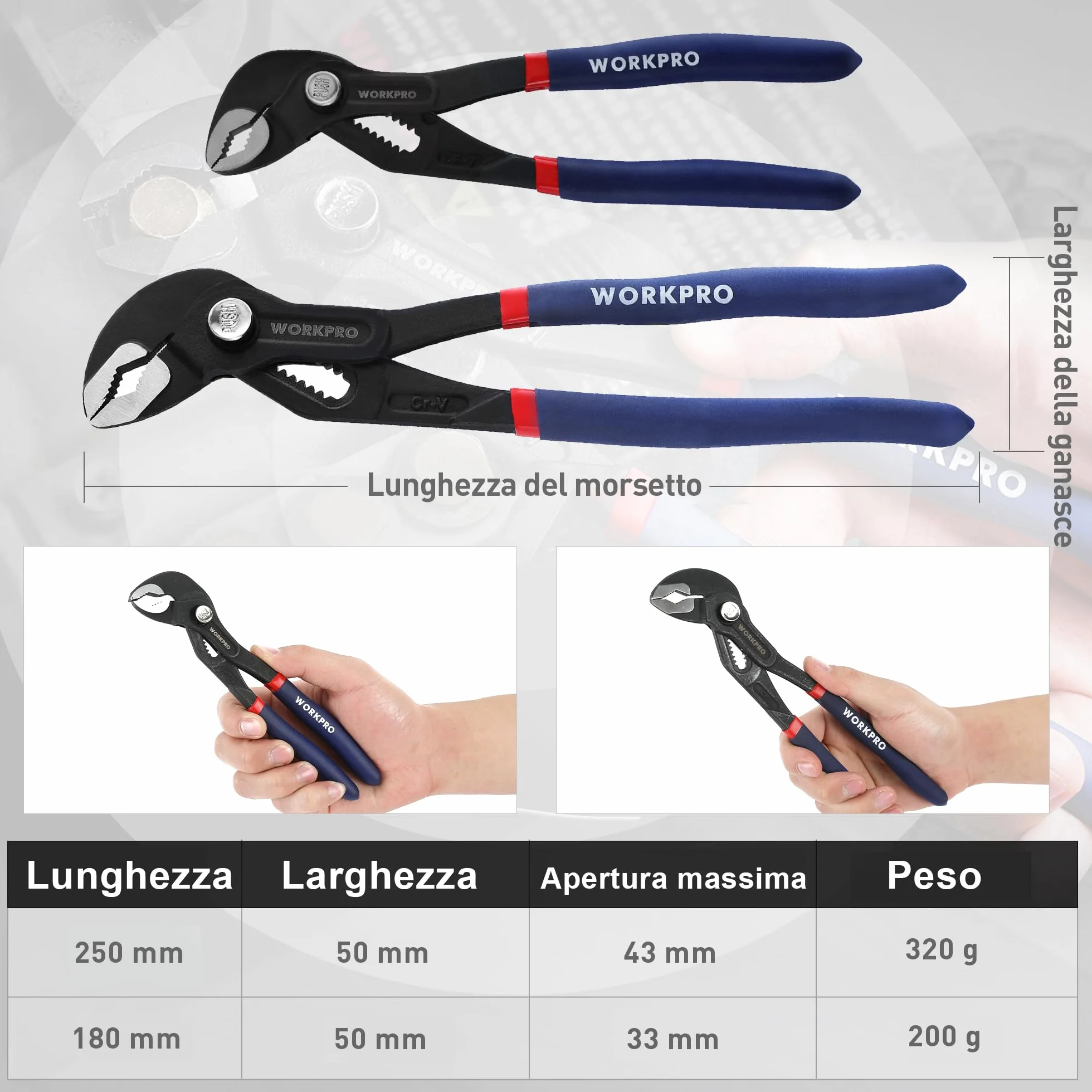Workpro Set di 2 Pinze Idrauliche 180 mm 250 mm Regolazione Rapida Giunto Scorrevole