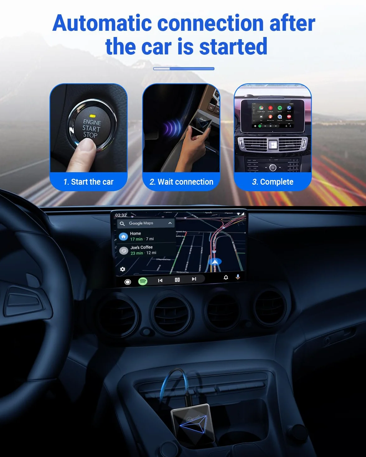 OTTOCAST Adattatore Wireless Android Auto per Auto Cablate, Dongle Android Auto Wireless, Dual Band Wi-Fi a Basso Ritardo, Aggiornamenti Online, Plug and Play per Auto Android Cablate di Fabbrica