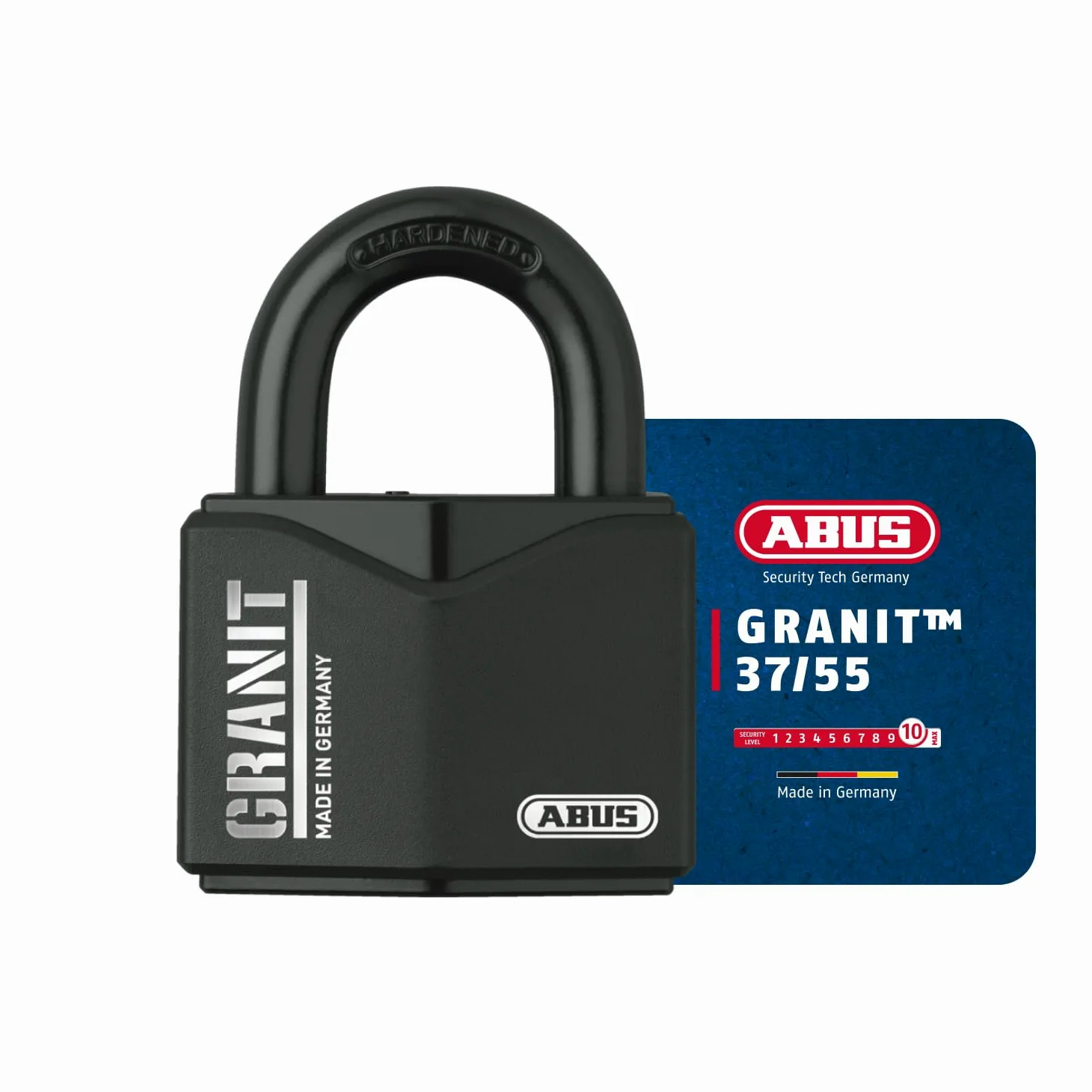 ABUS Lucchetto Granit 37/55 - Acciaio Temprato, Cilindro a Dischi, Nero | Livello di sicurezza 10, arco Ø 11 mm, rivestimento antiruggine Black Granit, peso 566 g, ideale per magazzini e impianti