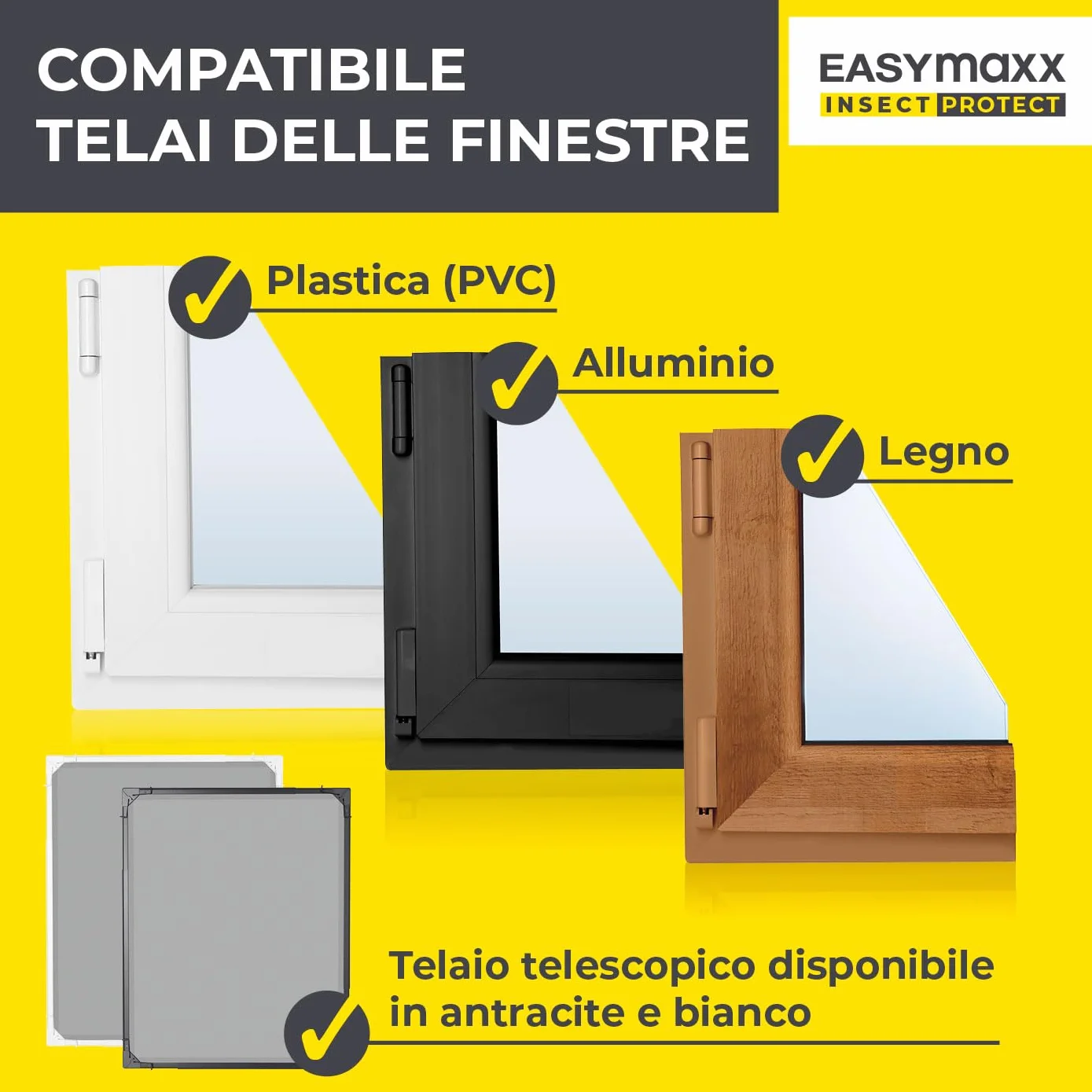 EASYmaxx Insect Protect Zanzariera telescopica Rete Anti-Insetti Antracite 1 Szt.