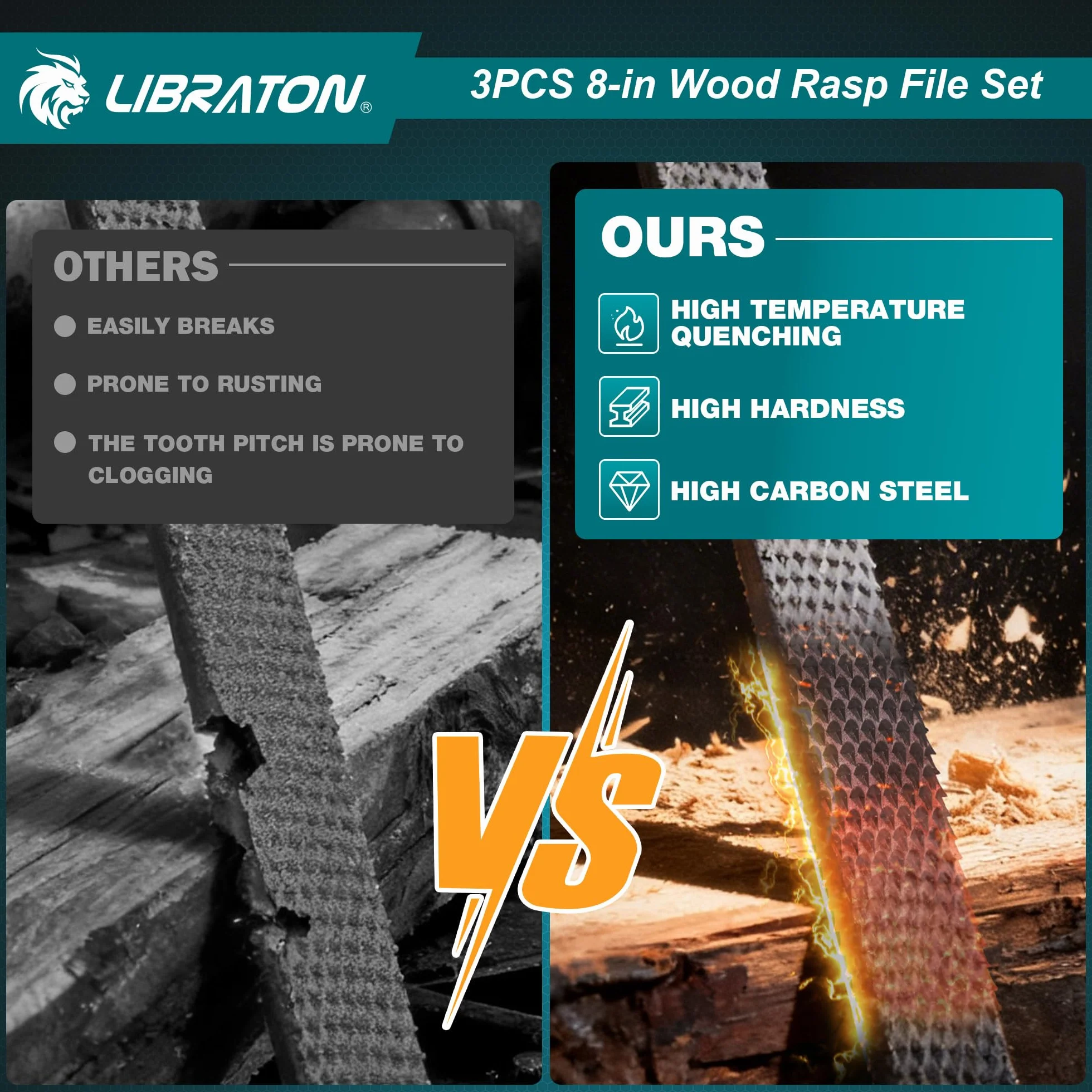Libraton Set di Raspe per Legno 3 Pezzi, Lime Multiforma Acciaio Carbonio 200mm per Falegnameria