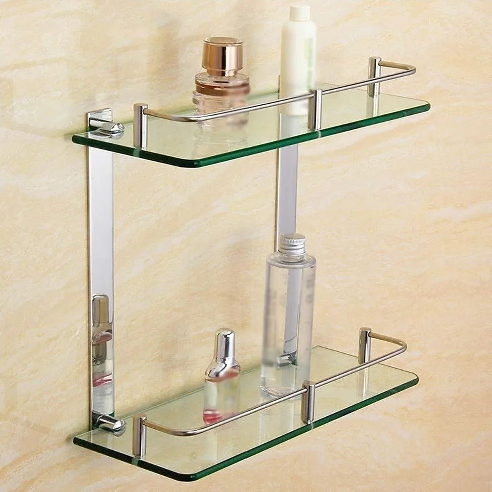Mensole da bagno in vetro temperato con binario, 400 mm, in acciaio inox, installazione senza punzonatura, soluzione salvaspazio per bagni moderni