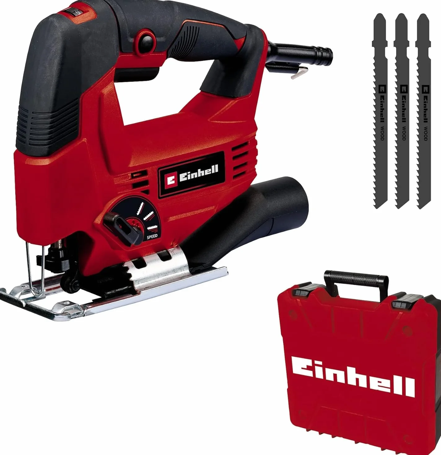 Seghetto alternativo Einhell TC-JS 80/1 Kit (550 W, altezza di sollevamento 20 mm, movimento pendolare, profondità di taglio 80 mm in legno, 10 mm in acciaio, 3.000 min-1, incl. 3x lame attacco a T)