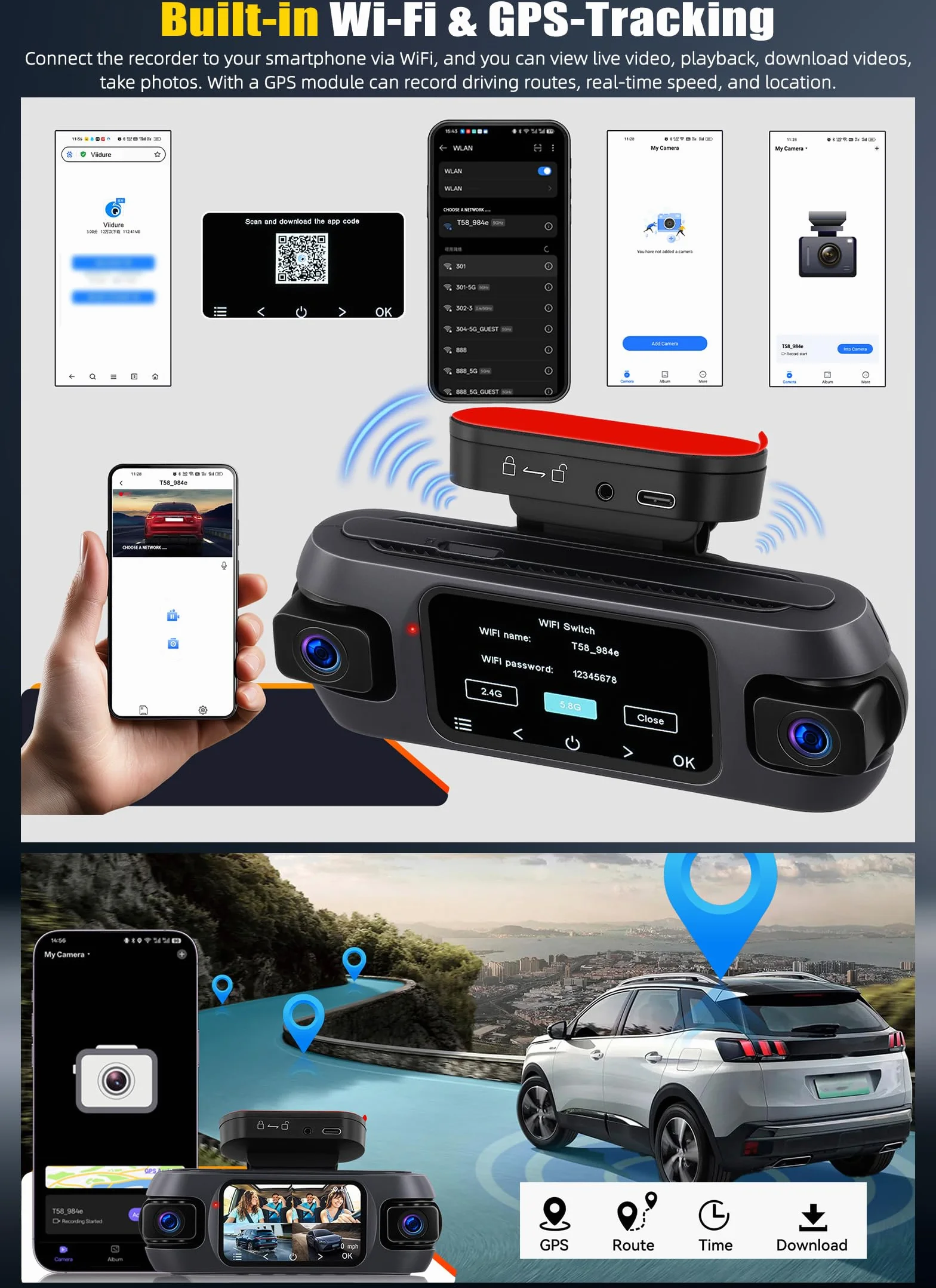 4K 360° Dash Cam Auto con GPS, Videocamera per Auto con Grandangolo 150°, Visione Notturna Super, Monitoraggio del Parcheggio, Sensore G, Registrazione in Loop, APP, Assistenza alla Retromarcia