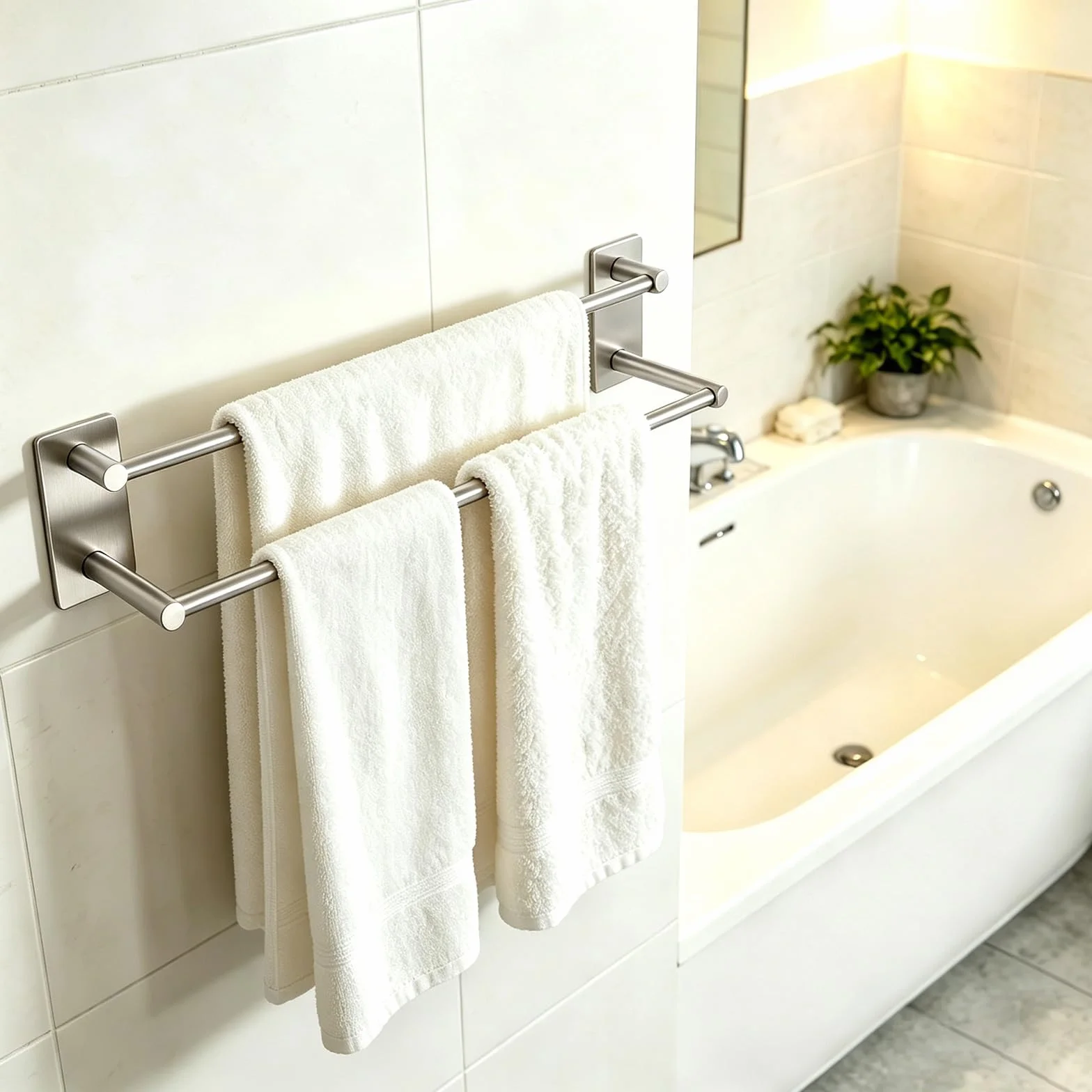 Portasciugamani 40cm Doppio Autoadesivo in Acciaio Inox Bagno Cucina Camera | Senza Foratura, Acciaio Inox SUS304