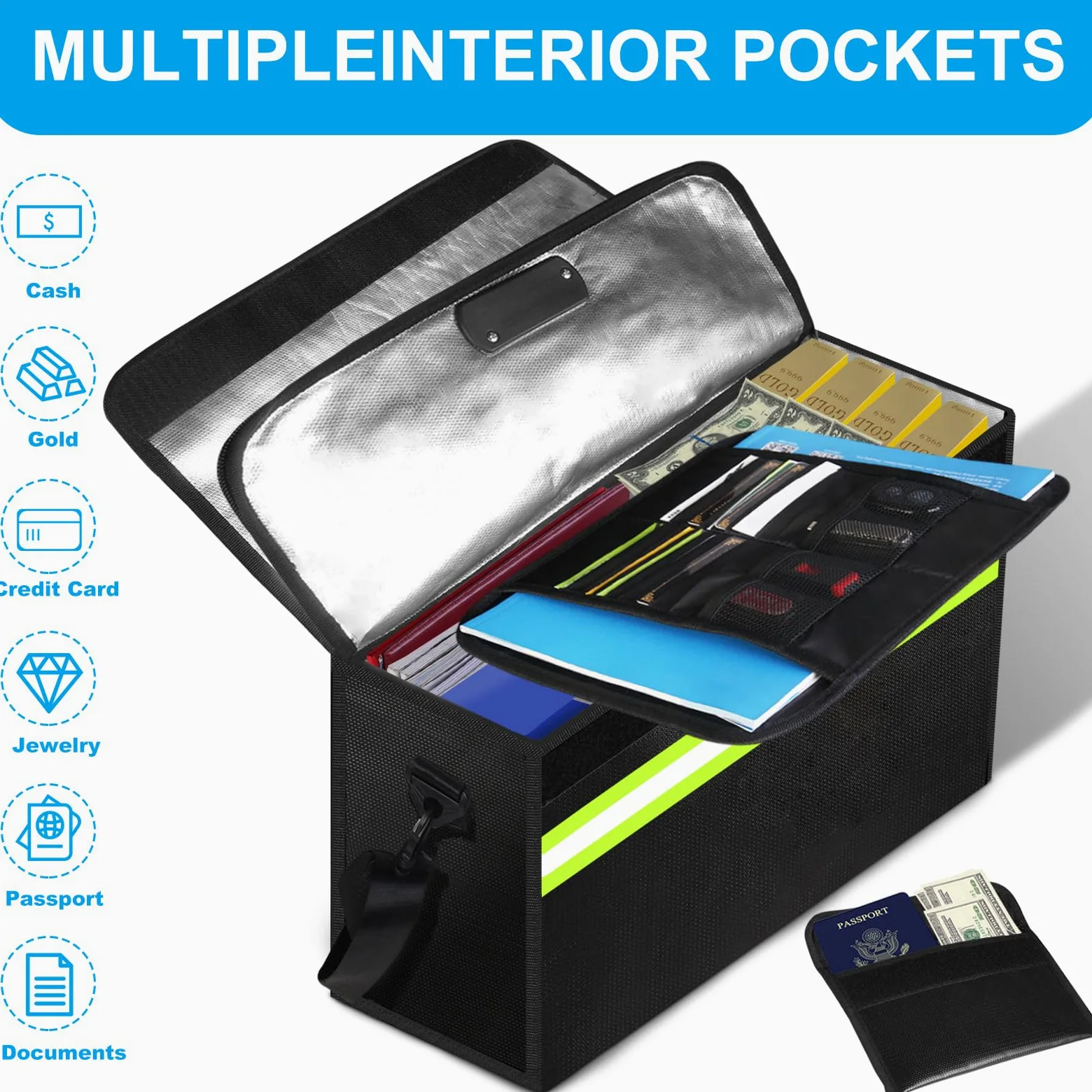 Borsa portadocumenti ignifuga, con scatola ignifuga a 9 strati con materiali isolanti e cerniera impermeabile, scomparti per cartelle rimovibili, striscia riflettente per contanti, documenti, gioielli