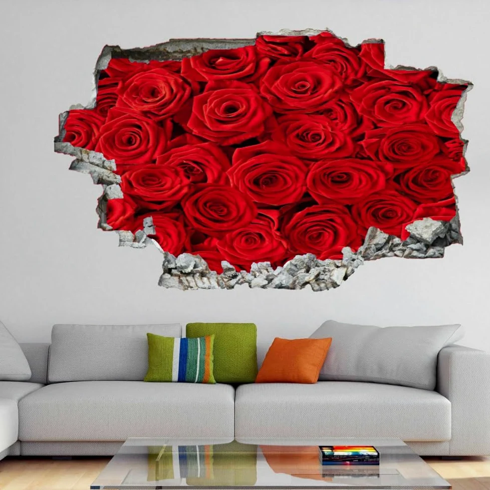 Decorazioni da parete Adesivi 3D fracassati Rosa rossa Rimovibile Art Wall Tattoo Pianta Famiglia Decalcomanie da muro per la casa Nursery Girls Bambini Soggiorno Camera da letto Decorazione
