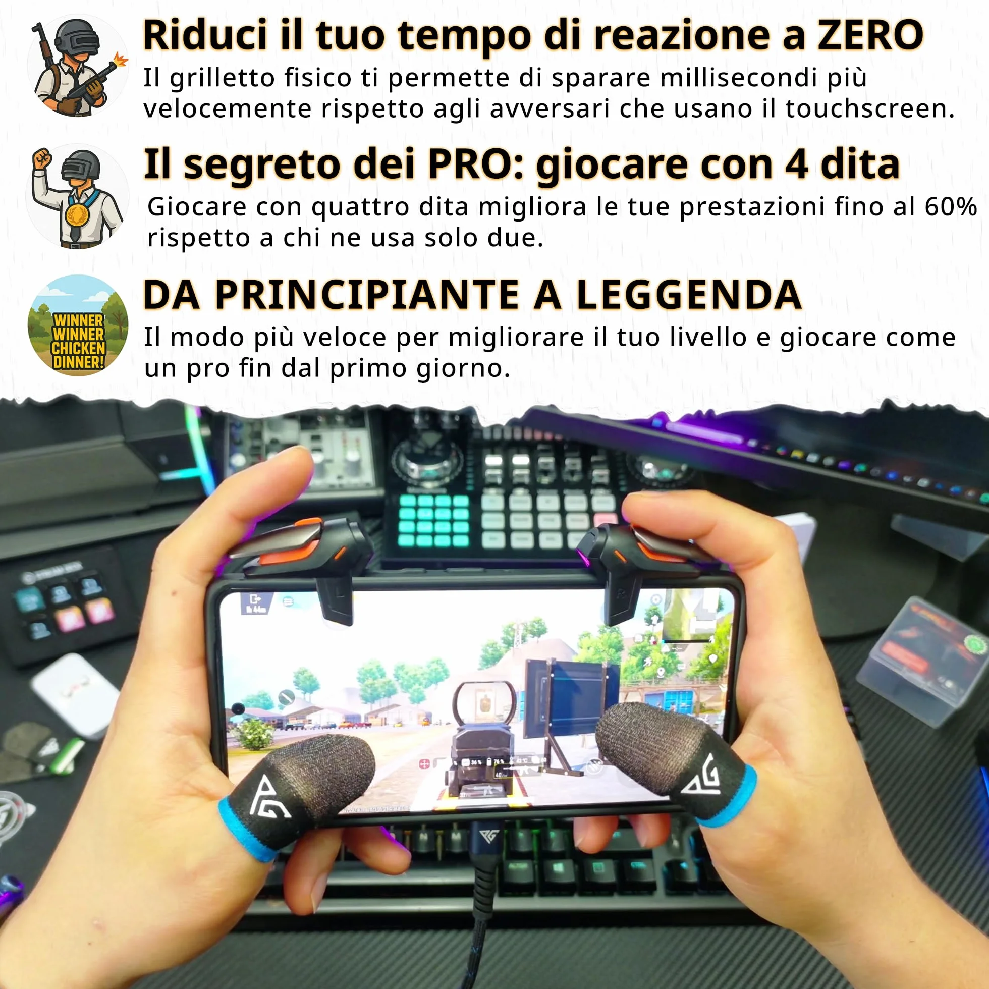 Progameplays Phone Triggers Controller compatibile con iPhone/Android, L1 & R1 e manicotti per le dita per il gioco mobile Pubg Trigger (T1)