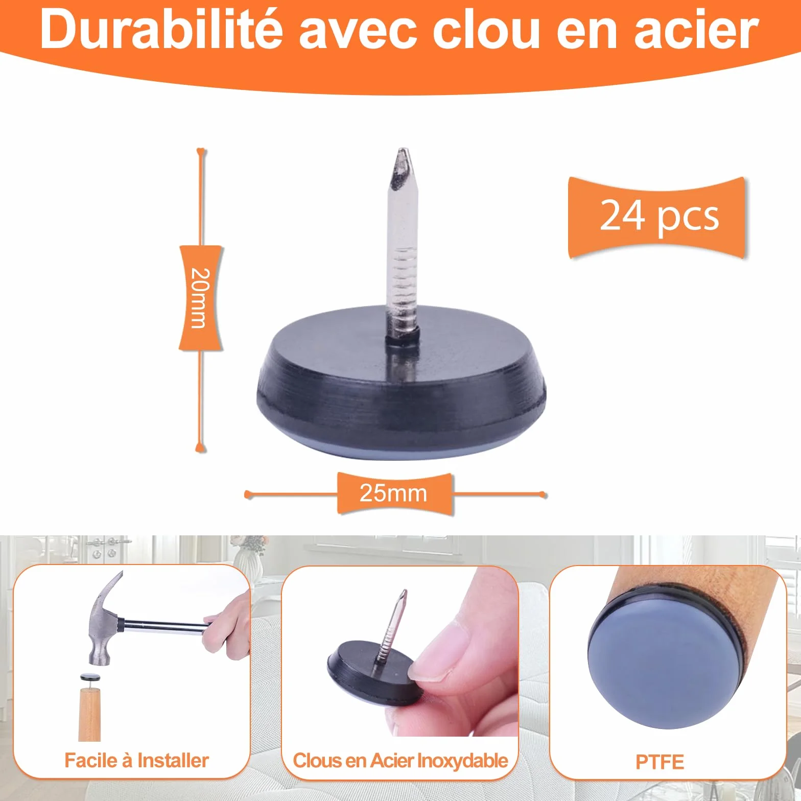 Feltrini Teflon per Mobili con Chiodo 24 Pezzi 25mm Cuscinetti Scivoli in PTFE