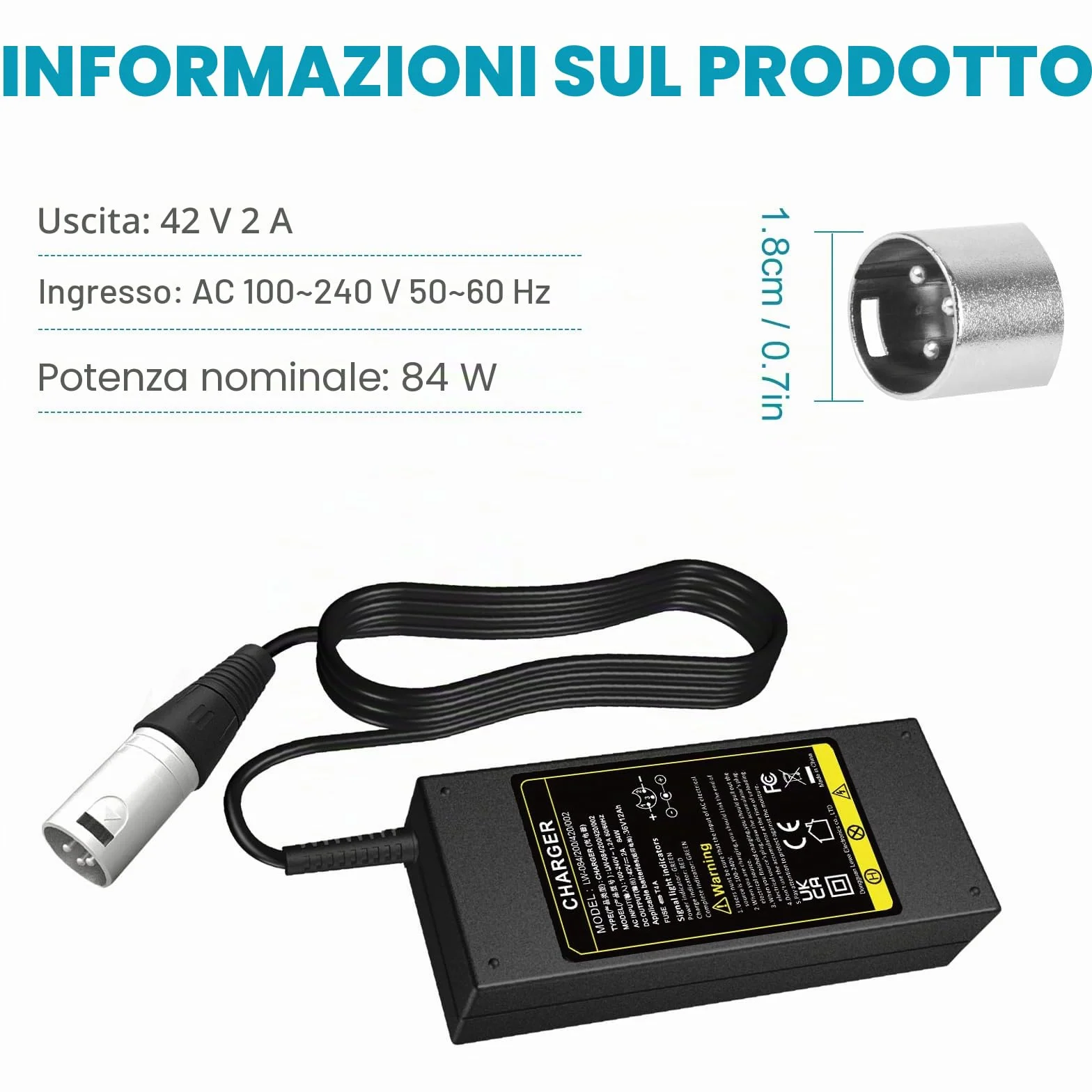 Labtec Caricabatteria 42V 36V 2A per Batteria al litio con connettore XLR a 3 pin per Bici Elettrica Monopattino Elettrico Sedia a Rotelle Elettrica