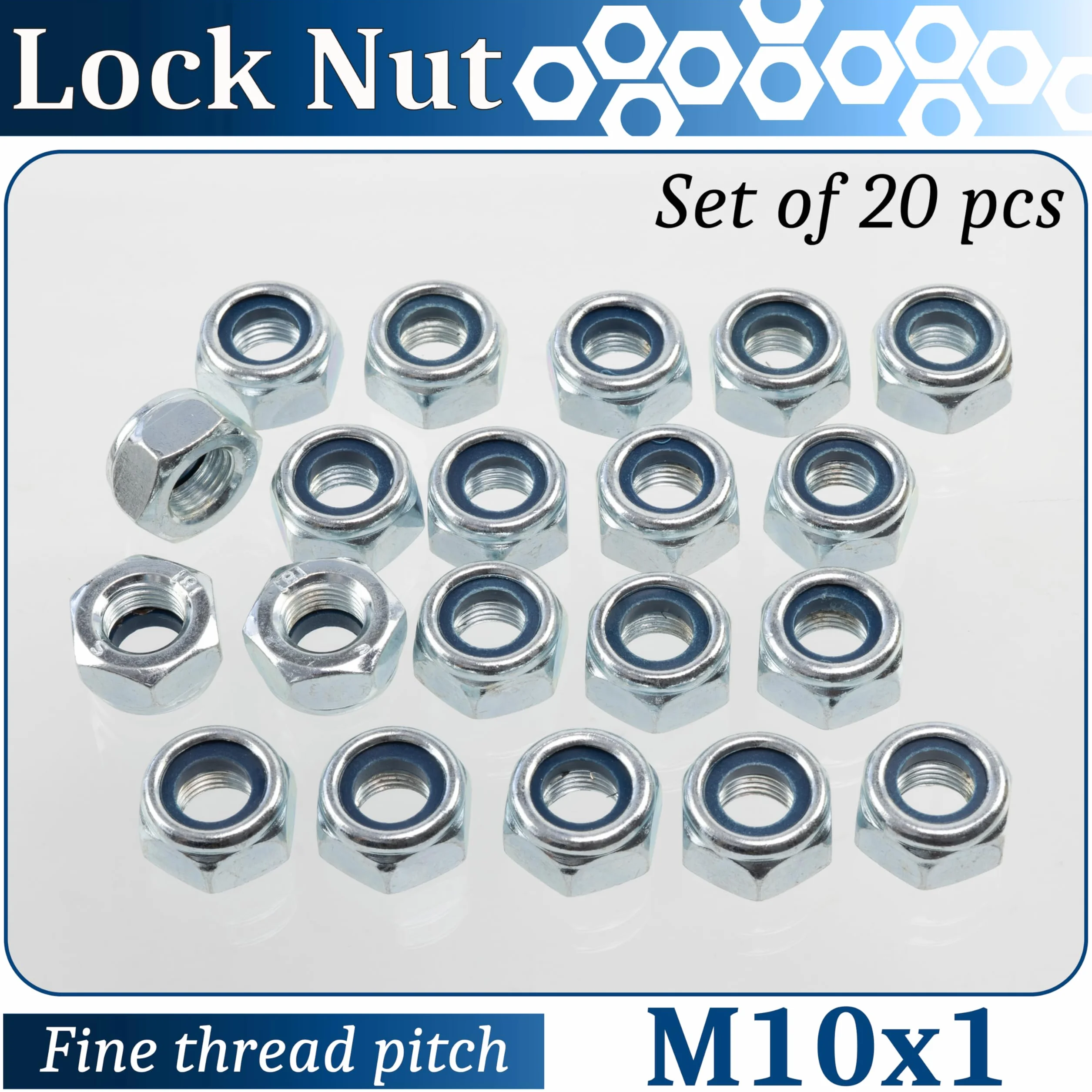 AERZETIX Set di 20 Dadi di bloccaggio M10x1mm esagonali acciaio zincato argento