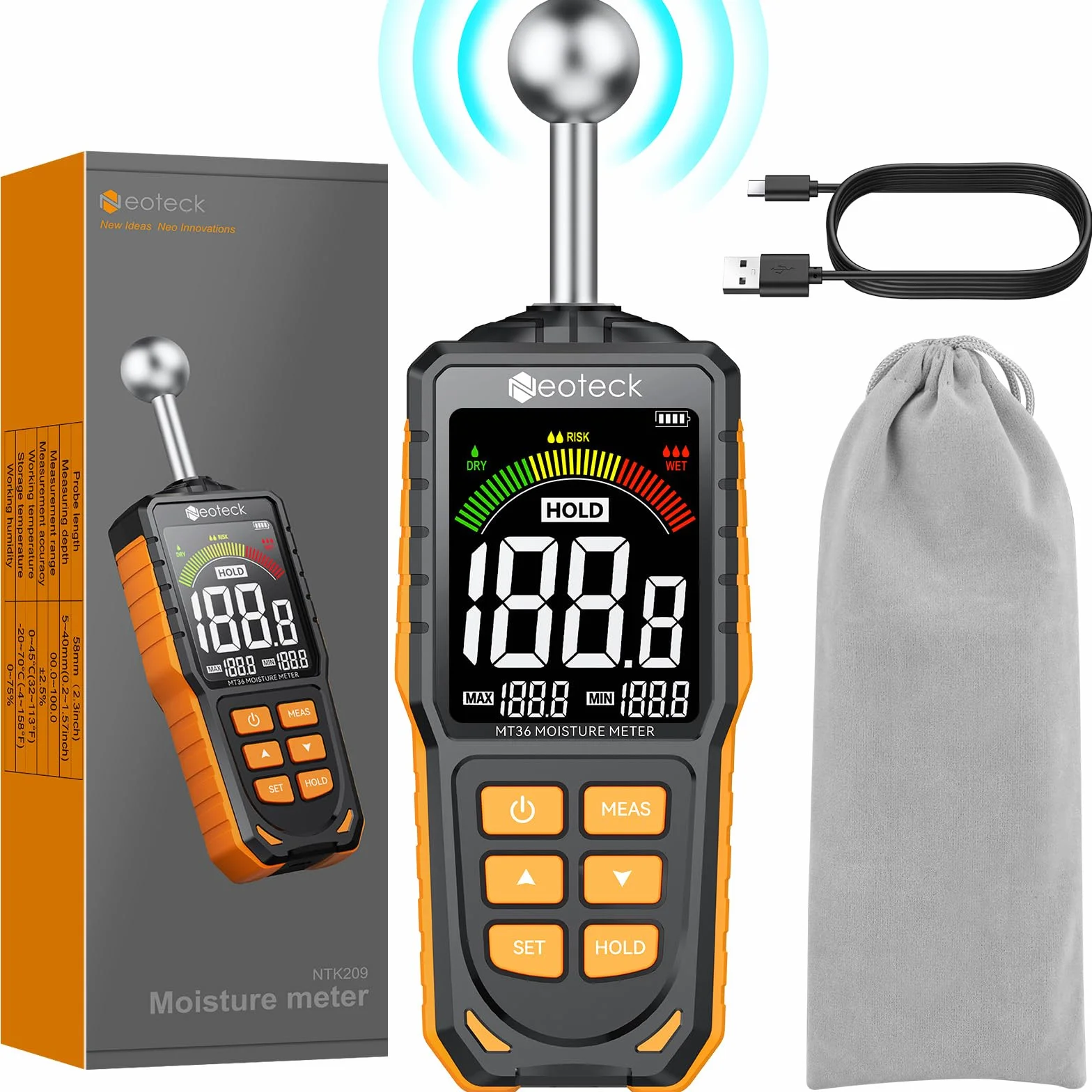 Neoteck Misuratore di Umidità Legno Ricaricabile, 5-40 mm di Profondità di Analisi Misuratore di Umidità Muri con Sonda con Schermo a Colori LCD e Allarme Umidità per Legno Intonaco Cemento Gesso