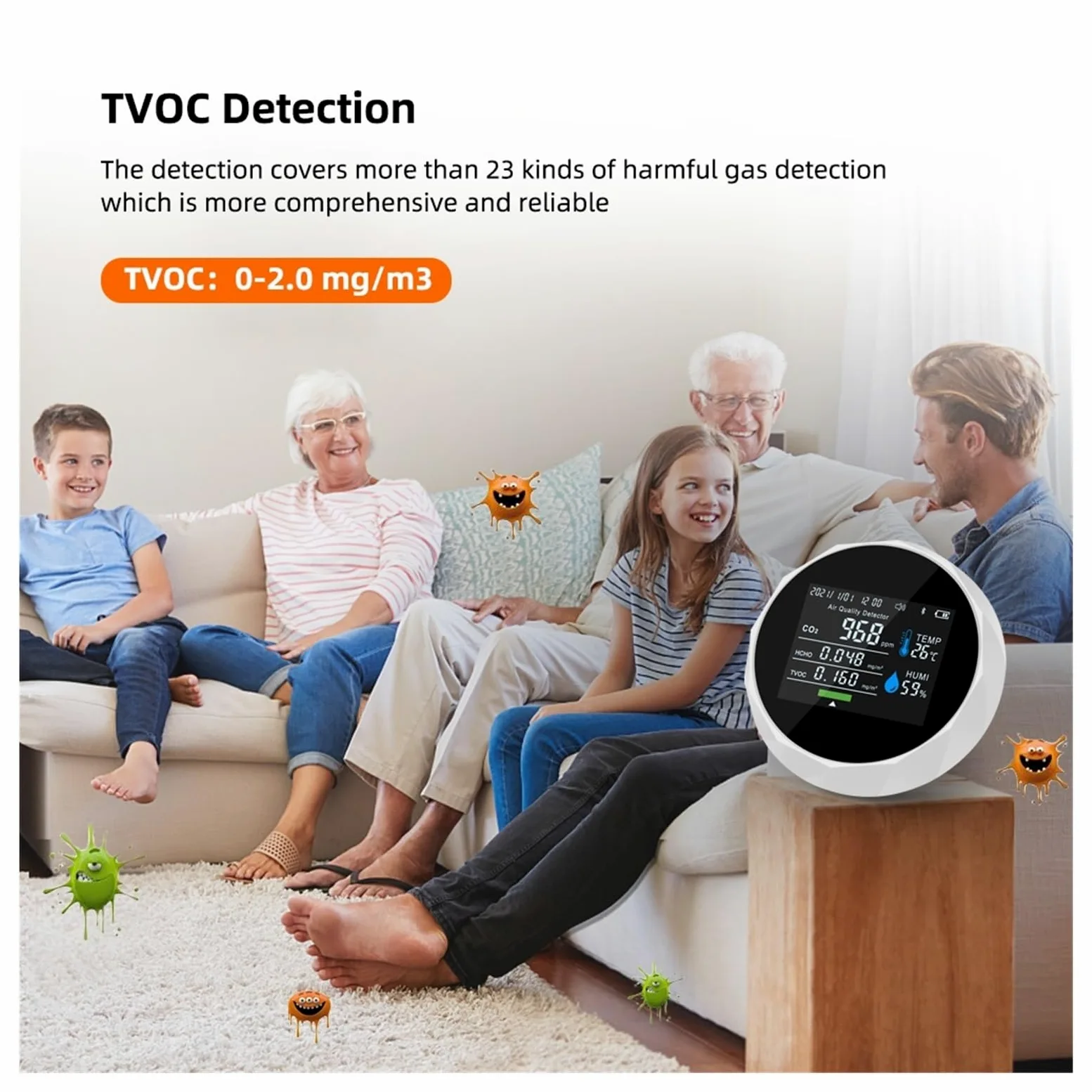 Monitor d'aria multifunzione TVOC HCHO Misuratore di CO2 Tester qualità del gas Umidità Temperatura Rilevatore controllo dente blu Per cucina e camper(Noir)