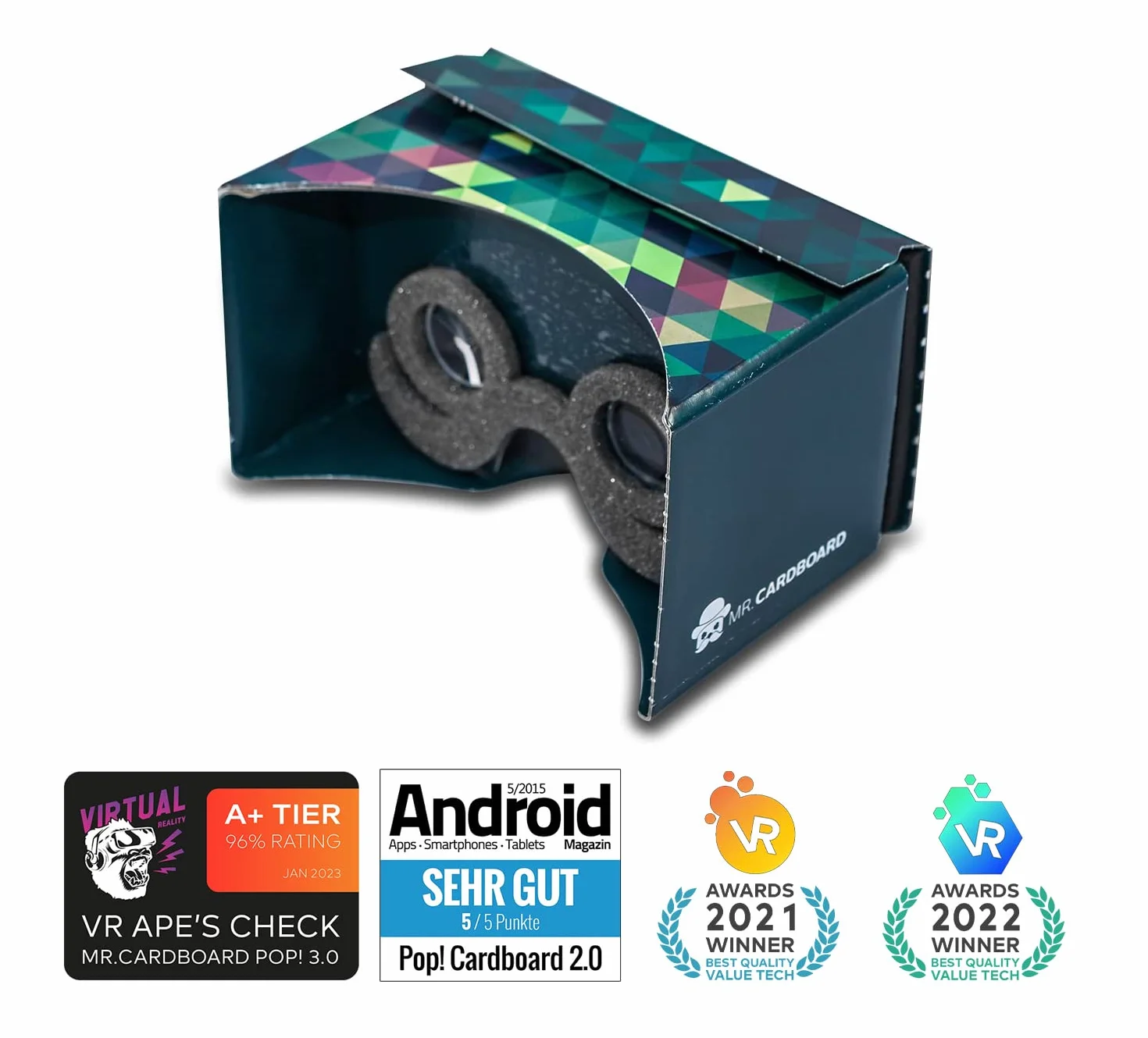 Google Cardboard 2.0 di MR.CARDBOARD. Visore VR Occhiali di realtà virtuale con cinturino per la testa per Android e Apple iOS. Fatto in Germania.