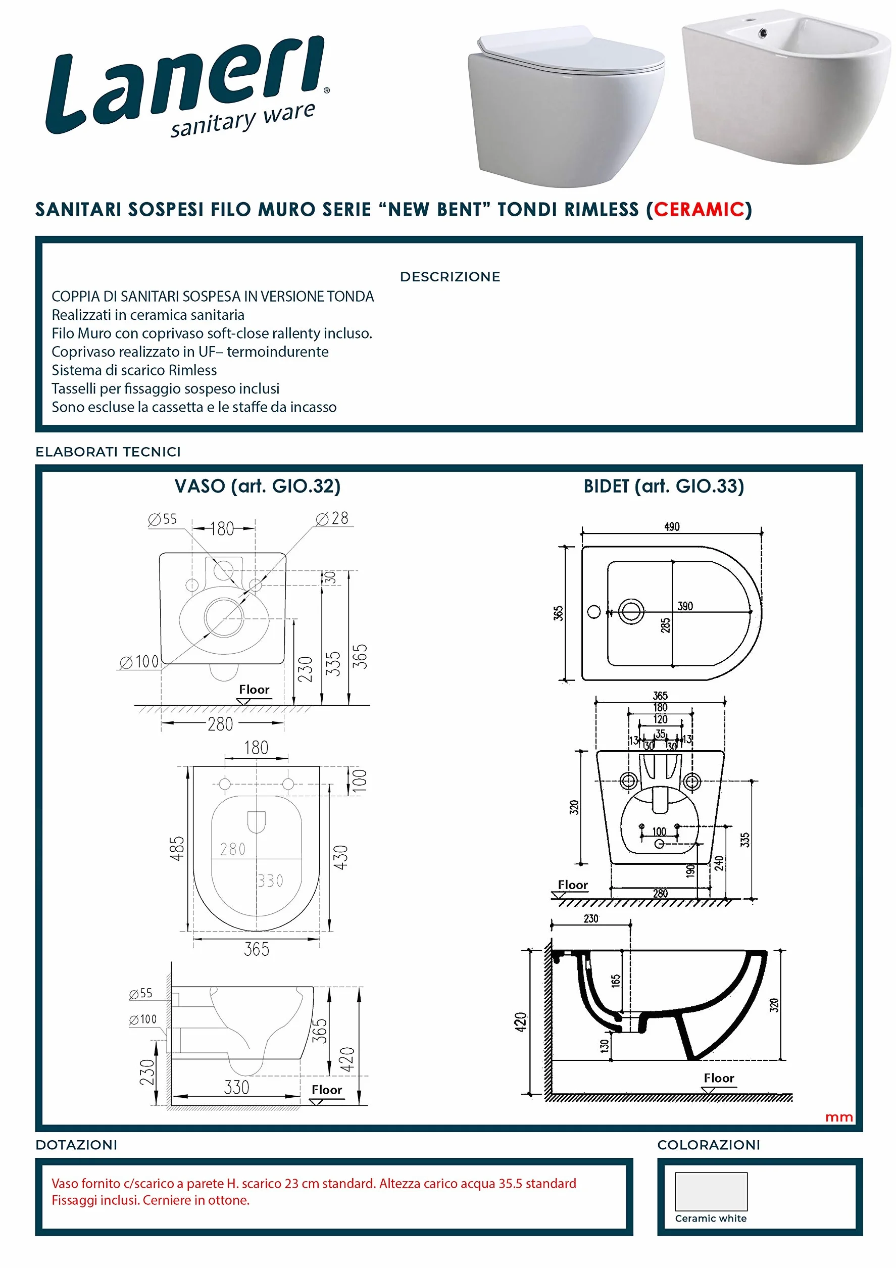 Coppia Sanitari Sospesi Rimless senza brida linea tonda coprivaso soft-close