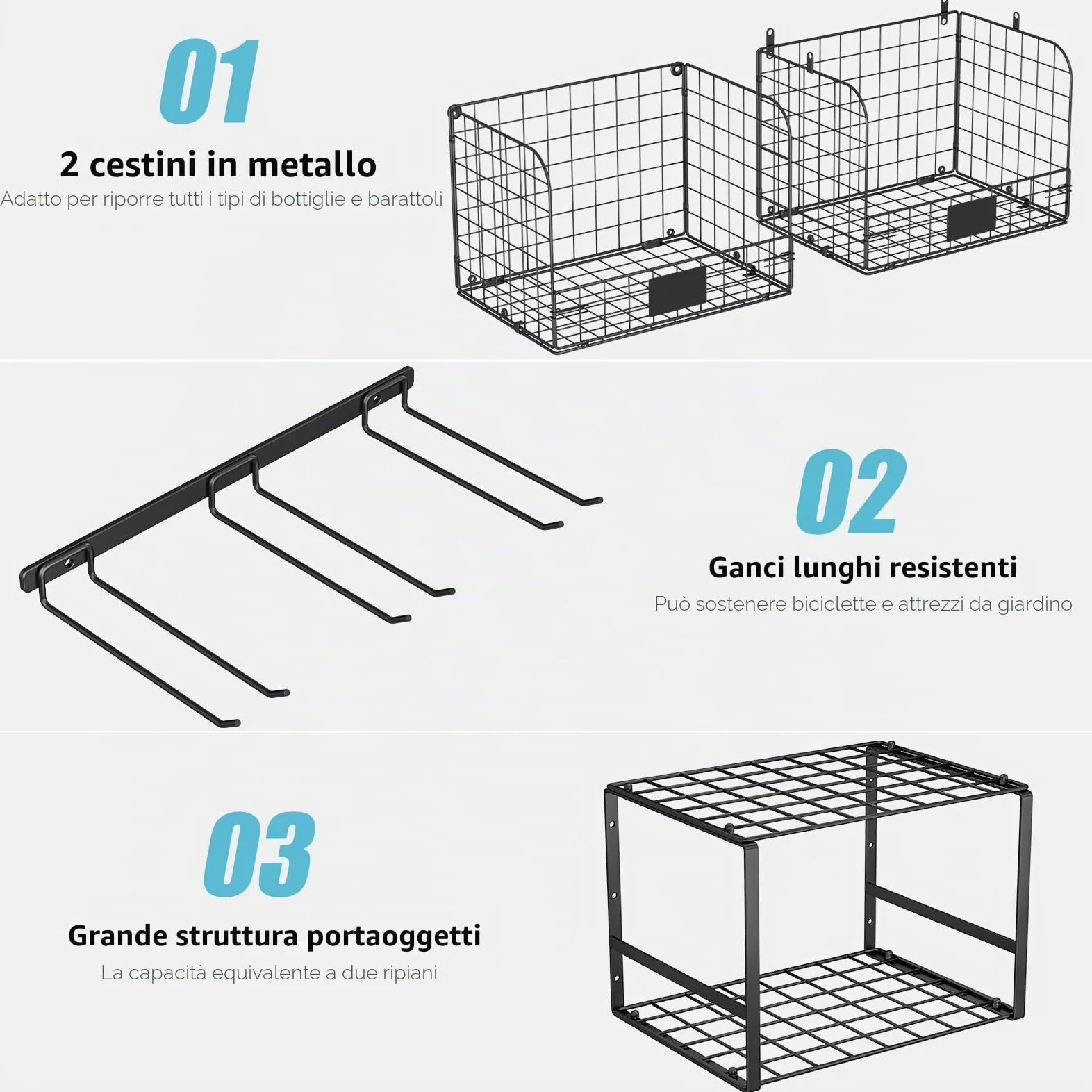 ThreeHio Mensola da garage a parete con cesti metallici, resistente mensola da parete per garage con scaffale per attrezzi da giardino e ganci, organizer per attrezzi per casa, giardino, cortile e