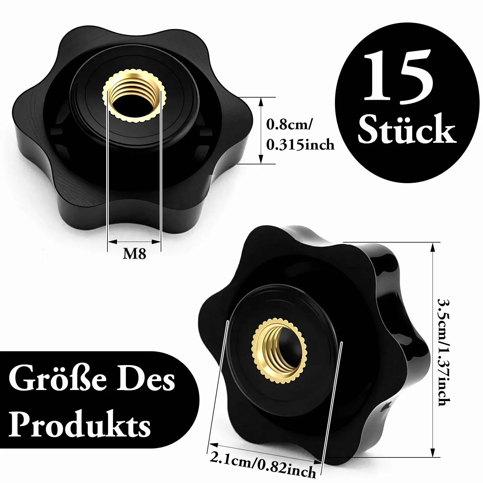 Manopole a stella M8 diametro esterno 32 mm nere 15 pezzi