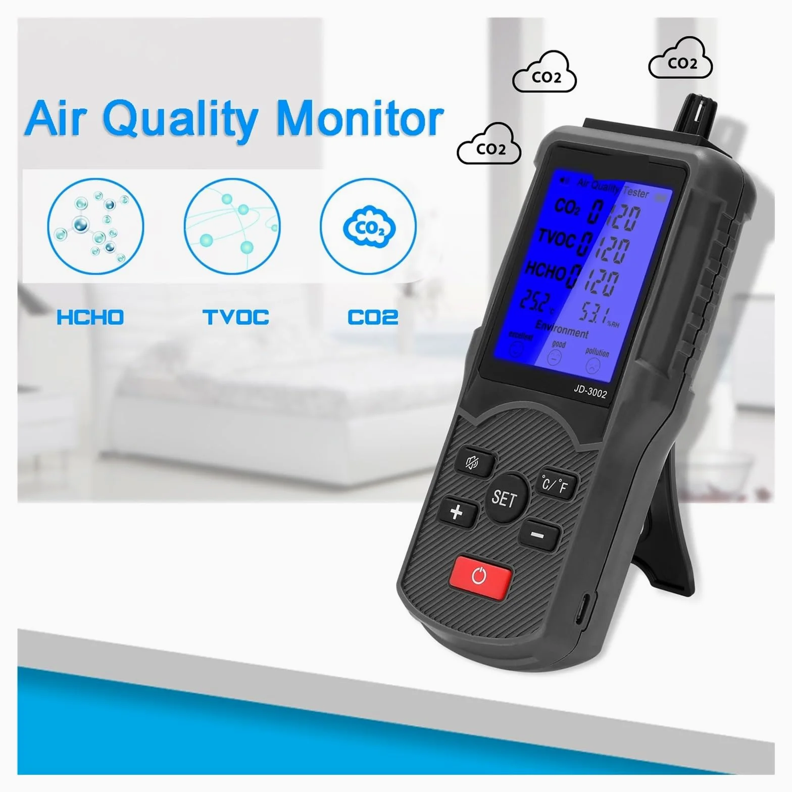 JD-3002 Rilevatore di qualità 'aria Dispositivo misurazione 'umidità a temperatura e a CO2 Misuratore Analizzatore multifunzionale a,Alta Precisione | Plastic box