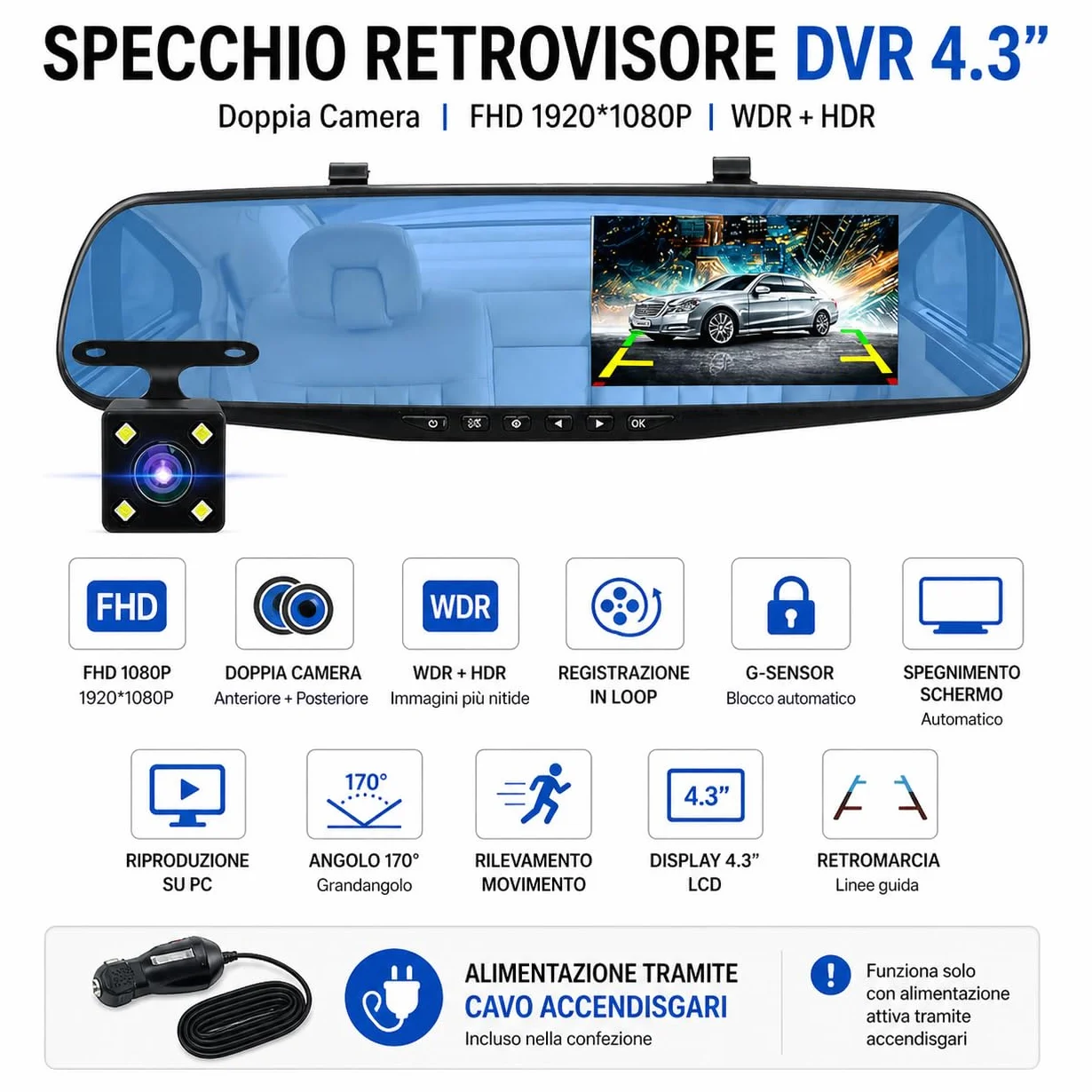Dashcam per Specchietto Retrovisore 4.3" Full HD 1080P, Dual Lens Anteriore e Posteriore, Registrazione Loop, Telecamera Retromarcia, Supporto fino a 64GB, Facile Installazione, Visione Notturna