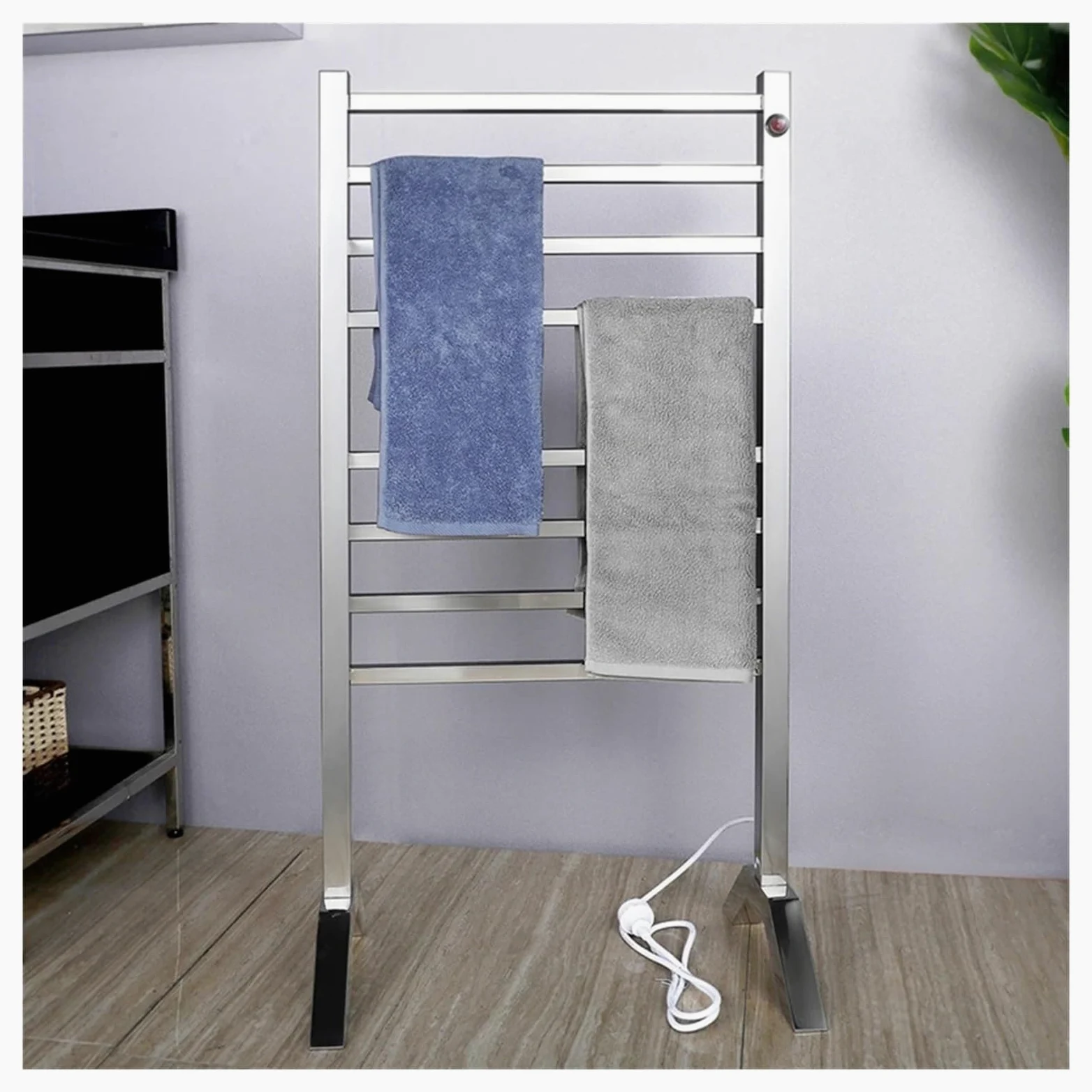 Portasciugamani elettrico da terra in acciaio inox 304 | Ripiano asciugatura asciugamani da bagno, acciaio lucidato(WHITE,110V)