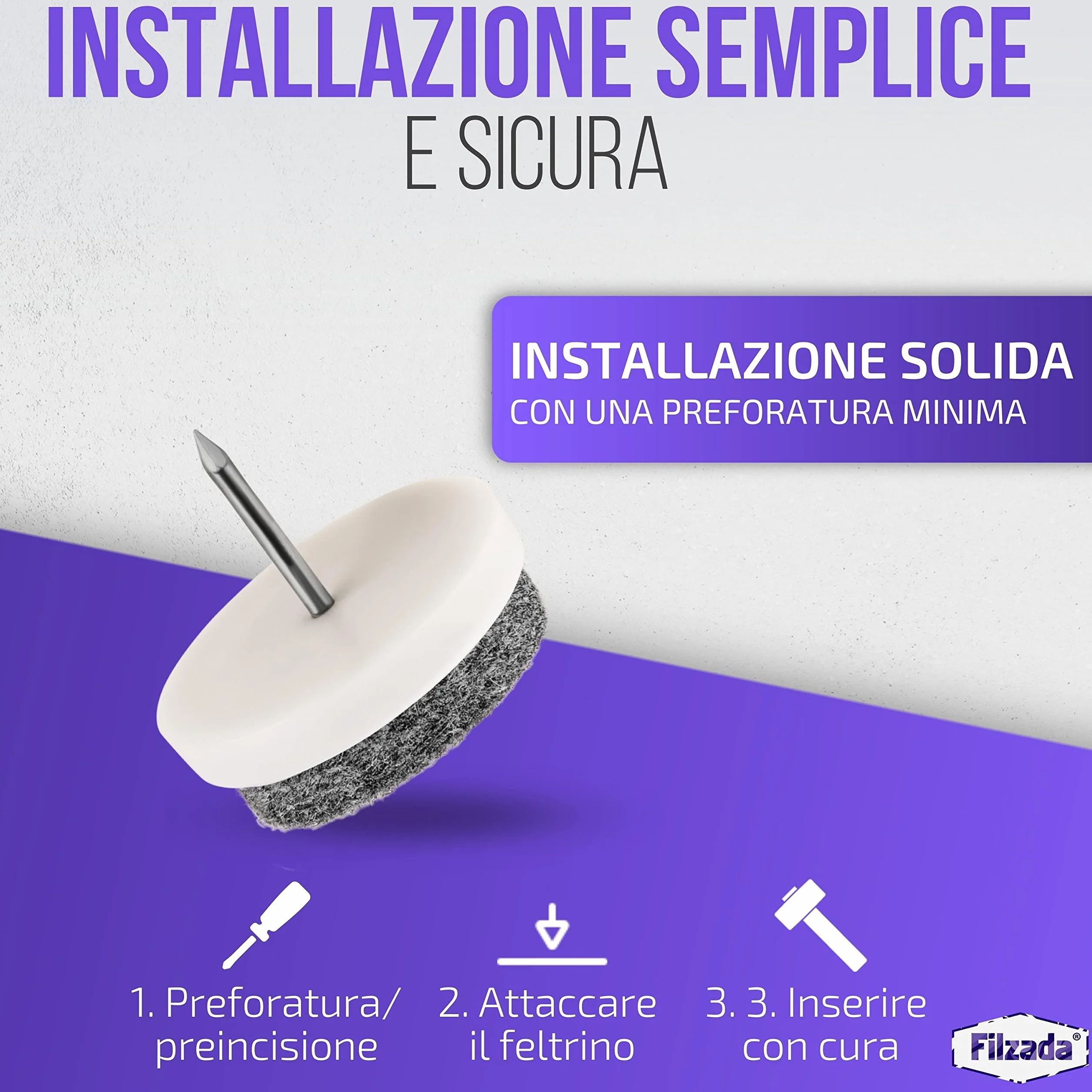 Filzada 40x Feltro aliante con chiodo Ø 24 mm bianco