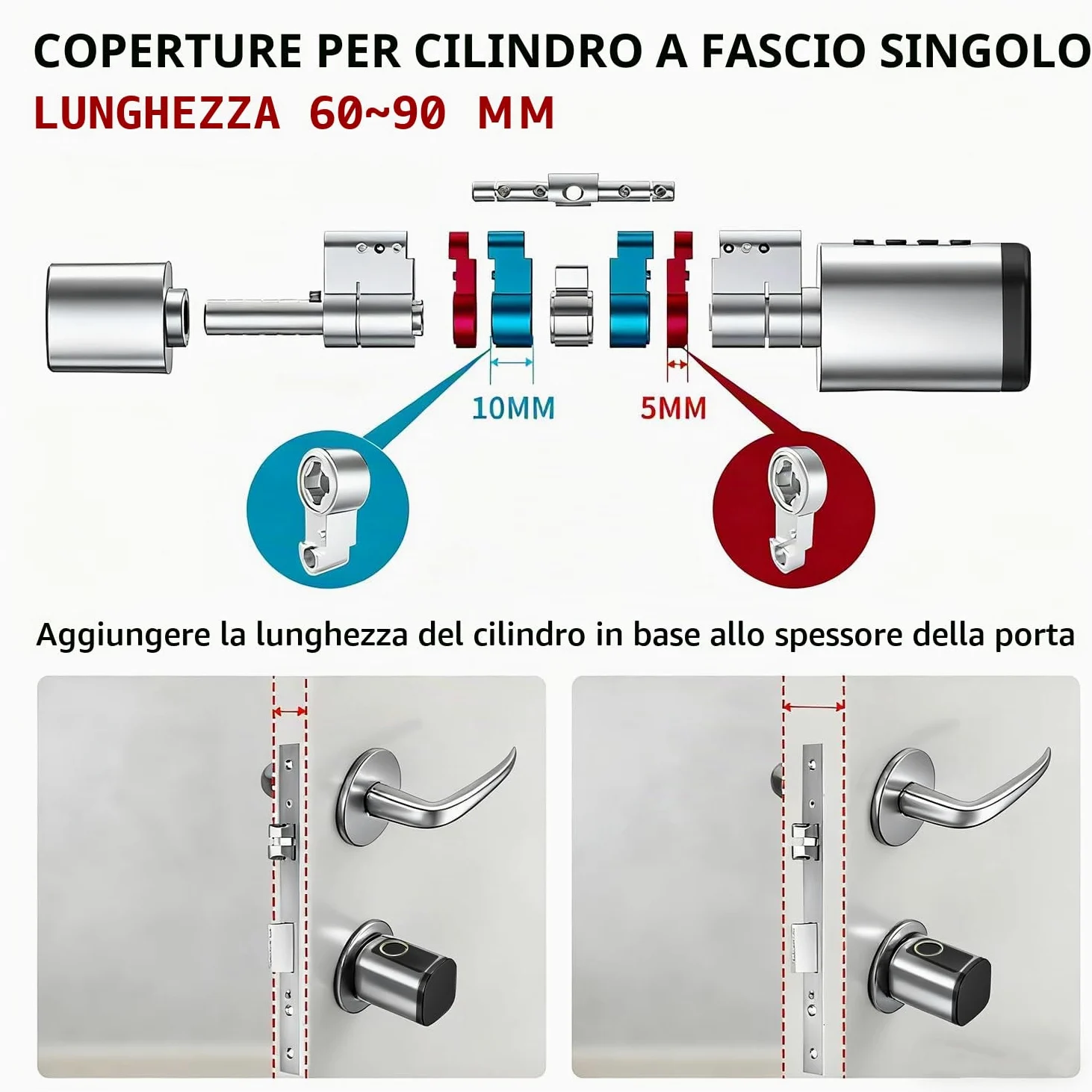 Serratura per porta con impronte digitali, 5 en 1, con codice numerico, chiave RFID APP, apriporta elettronica, cilindro di chiusura regolabile, 60-90 mm