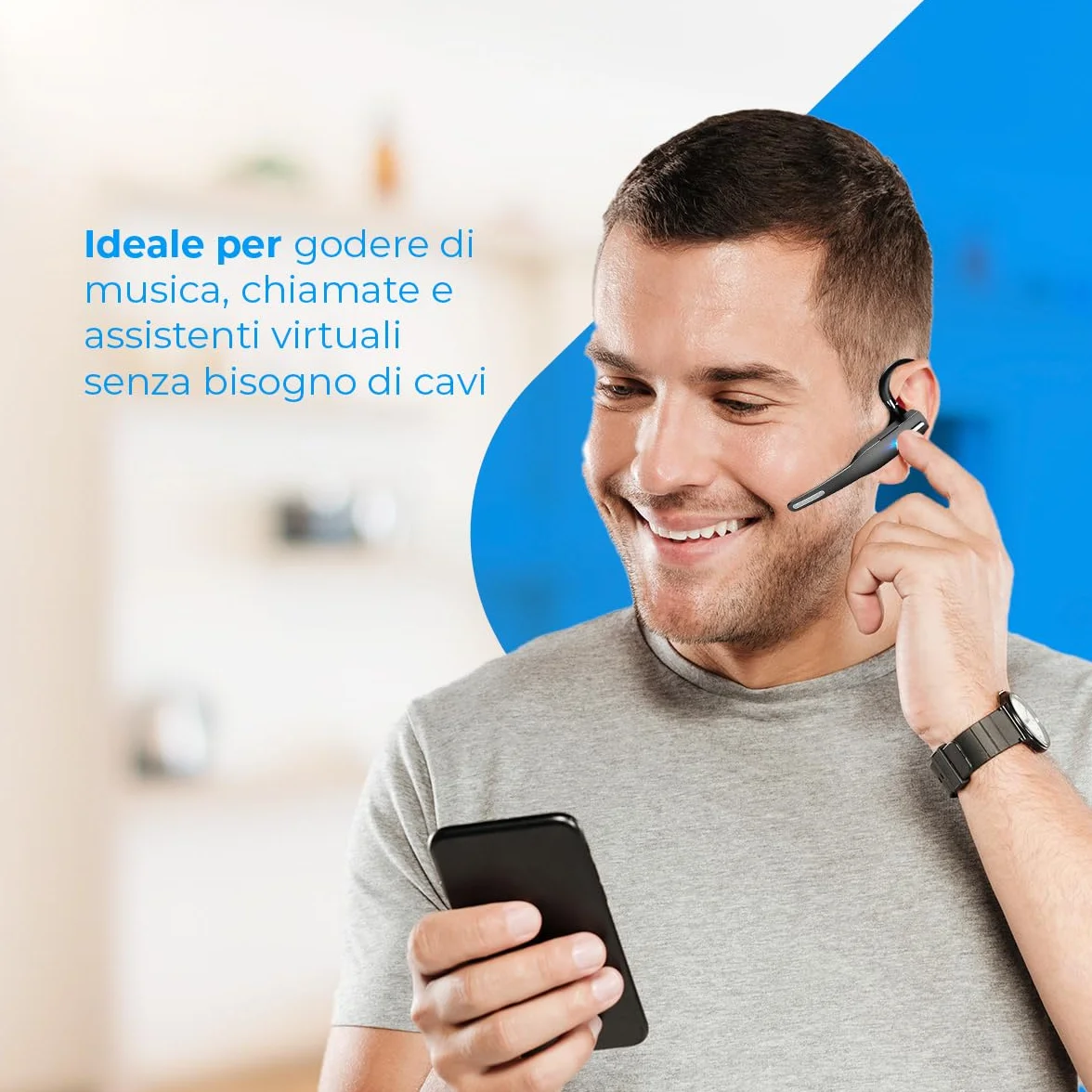 NK Auricolare Bluetooth Singolo Cuffie Bluetooth V5.1 con Microfono e Cancellazione del Rumore, Connessione a Doppio Dispositivo per iPhone, Android e PC - Include Custodia per il Trasporto