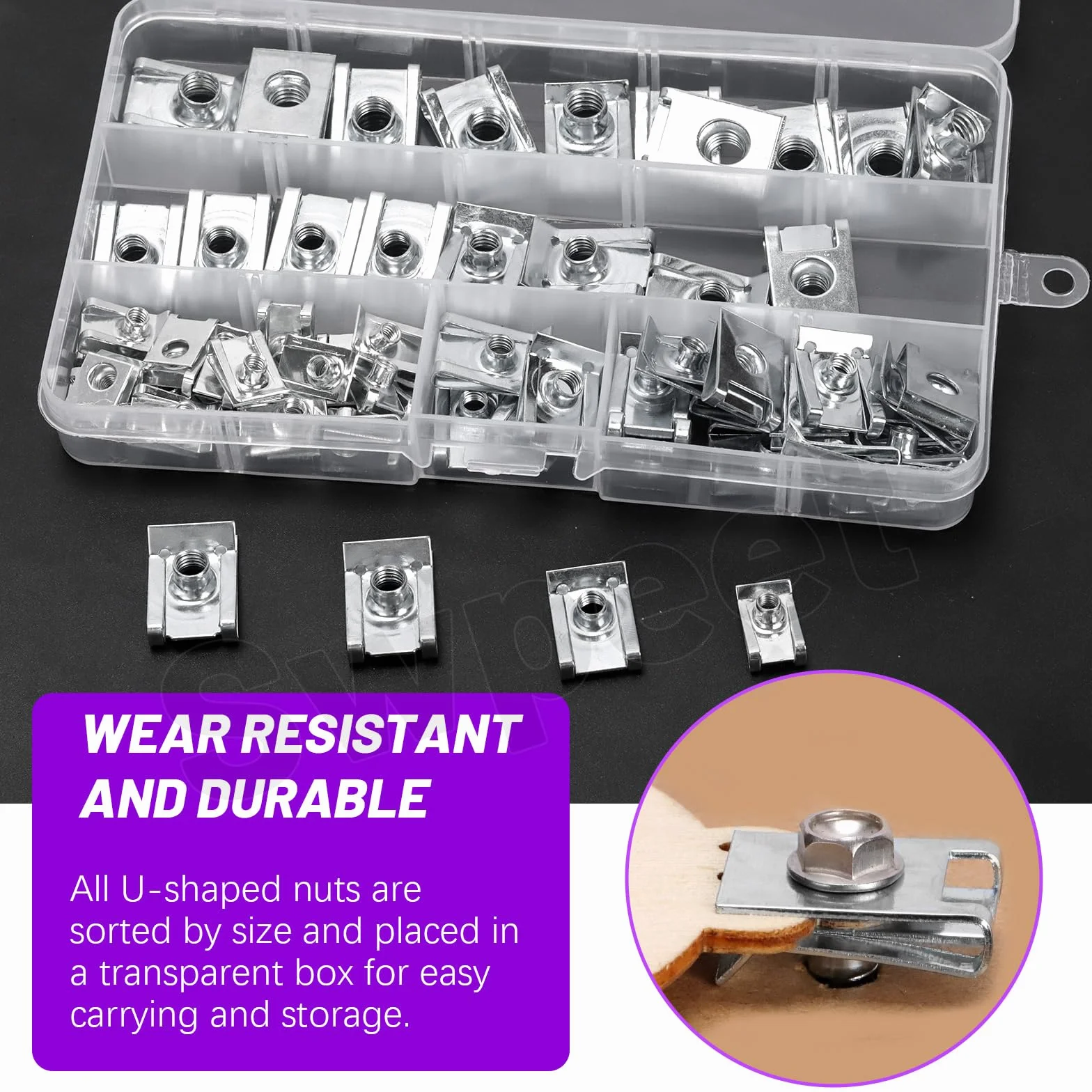 Swpeet Kit assortito 50 clip a U per auto acciaio inox 304 M4 M5 M6 M8 dadi fissaggio pannelli interni cruscotto