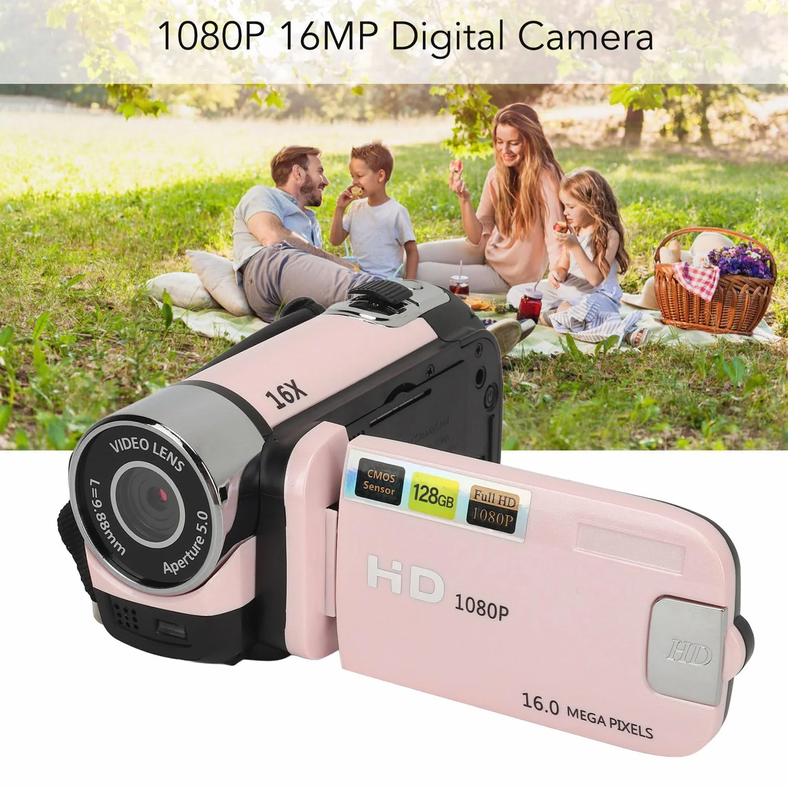 Fotocamera Digitale HD 1080P, Videocamera per con Zoom 16X con Schermo Ruotabile da 2,4 Pollici per la Fotografia, Fotocamera Selfie Portatile da 16 MP con Luce di (PINK)