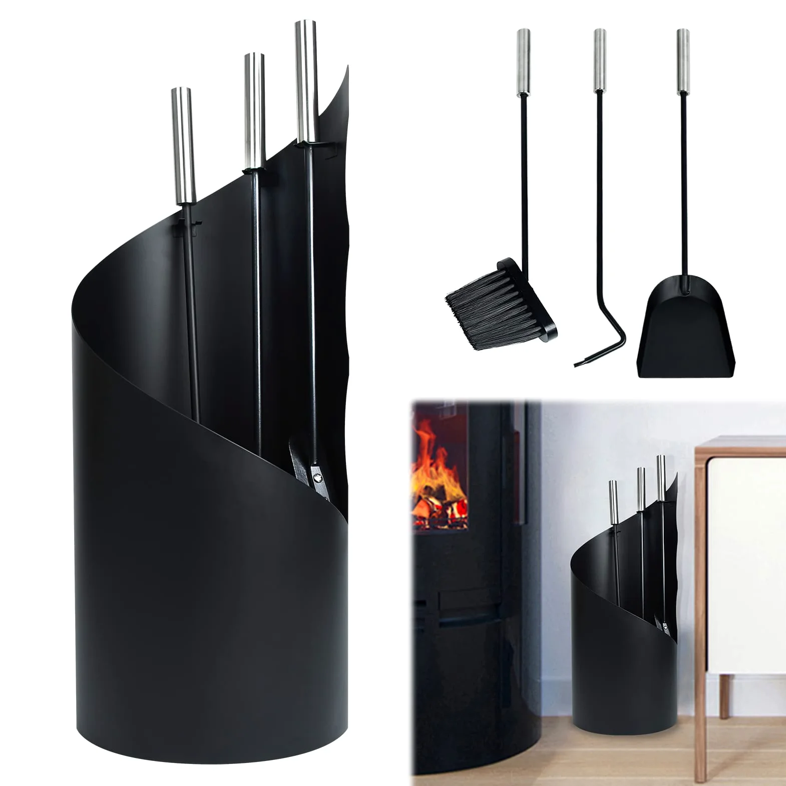 YRHome Set di 4 attrezzi per camino in acciaio inossidabile, set per camino, accessori per camino con attizzatoio, paletta per camino, paletta per cenere, supporto in acciaio con manici in acciaio