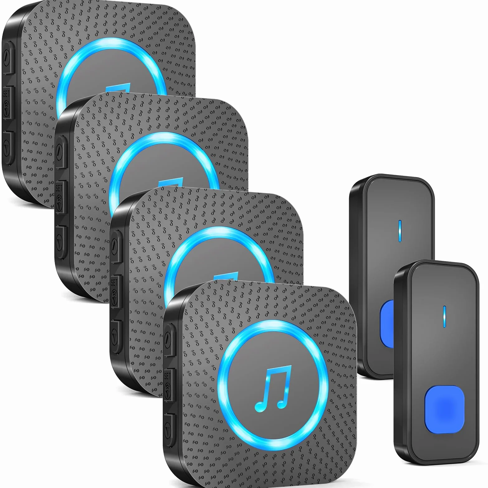 AIMAX Campanello senza fili con 2 trasmettitori e 4 ricevitori, 400 m di portata, impermeabile IP55, 55 suonerie, 5 livelli di volume con flash LED, installazione wireless, nero
