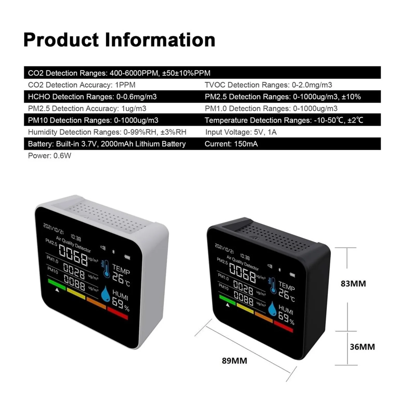9in1 Misuratore di qualità 'aria CO2 Rilevatore anidride carbonica TVOC HCHO PM2.5 PM1.0 PM10 Tester umidità della temperatura Per cucina e camper
