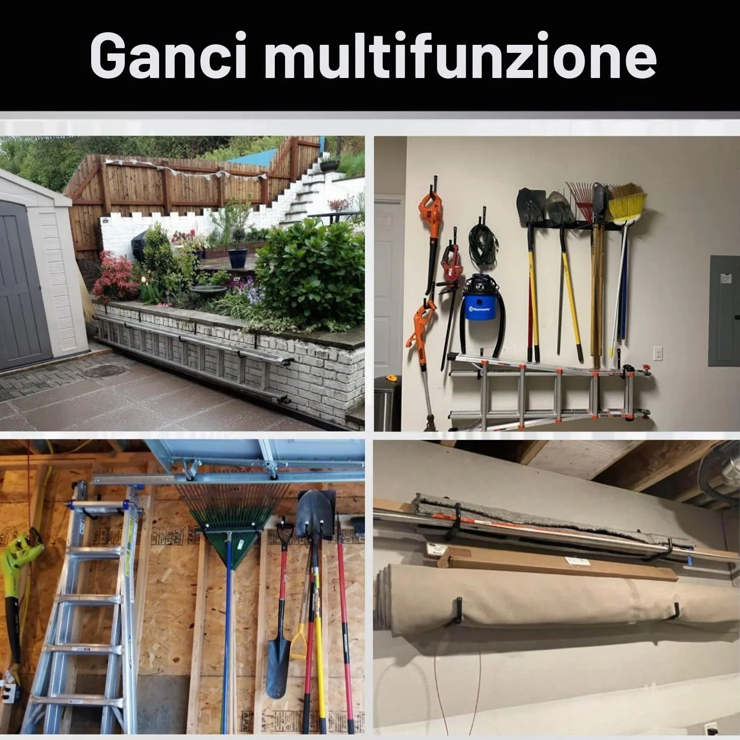 8 ganci per scale, 25 cm, per garage, organizer da parete, resistente, per utensili, pieghevole, per sedie, biciclette, sci, attrezzi