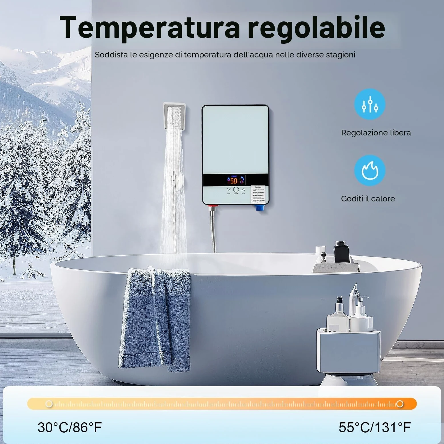 Scaldabagno Elettrico Istantaneo, Scaldabagno Istantaneo per Doccia del Bagno con Touchscreen LED, Mini Scaldacqua Istantaneo con Set Doccia per Cucina, Bagno