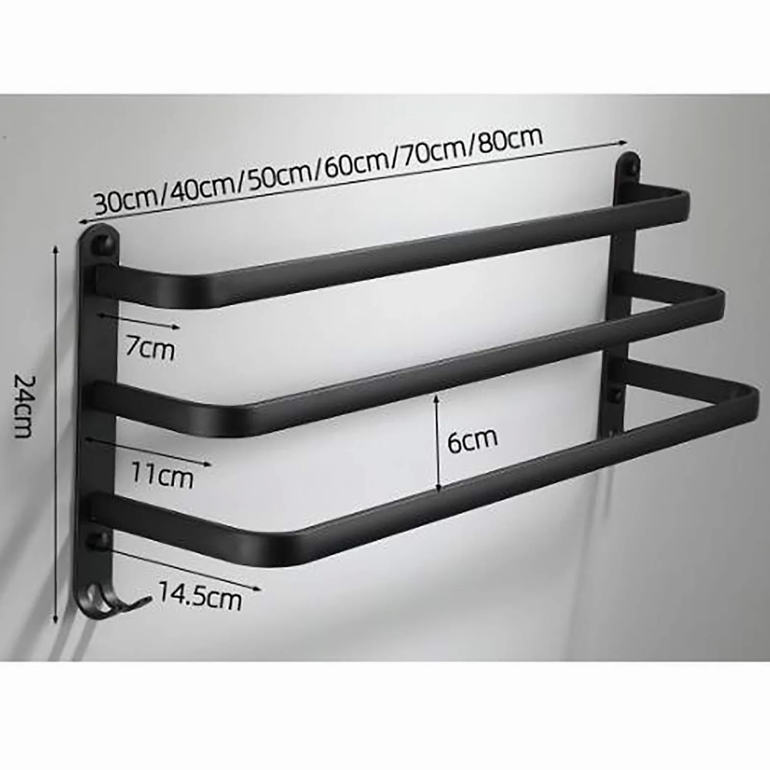 Portasciugamani da Bagno Nero a Parete, Portasciugamani da Bagno a Tre Strati, Portasciugamani in Alluminio Spazio Impermeabile e Antiruggine per Cucina, Doccia, Hotel/60Cm
