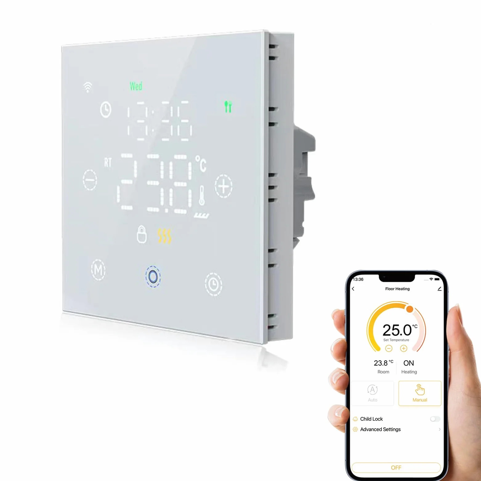 Smart WiFi Termostato Regolatore di temperatura per riscaldamento a pavimento Elettrico Funziona con Alexa Google Home, con una lente a bordo curvo 2.5D